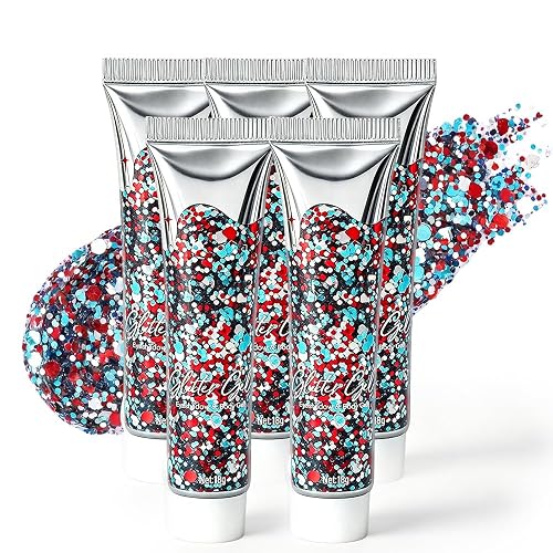 Waterproof Red White Blue Hair Glitter Stick for Patriotic Celebrations &Game Days, 4th of July Glitter Stick, Sparkling Face&Body Makeup with Star