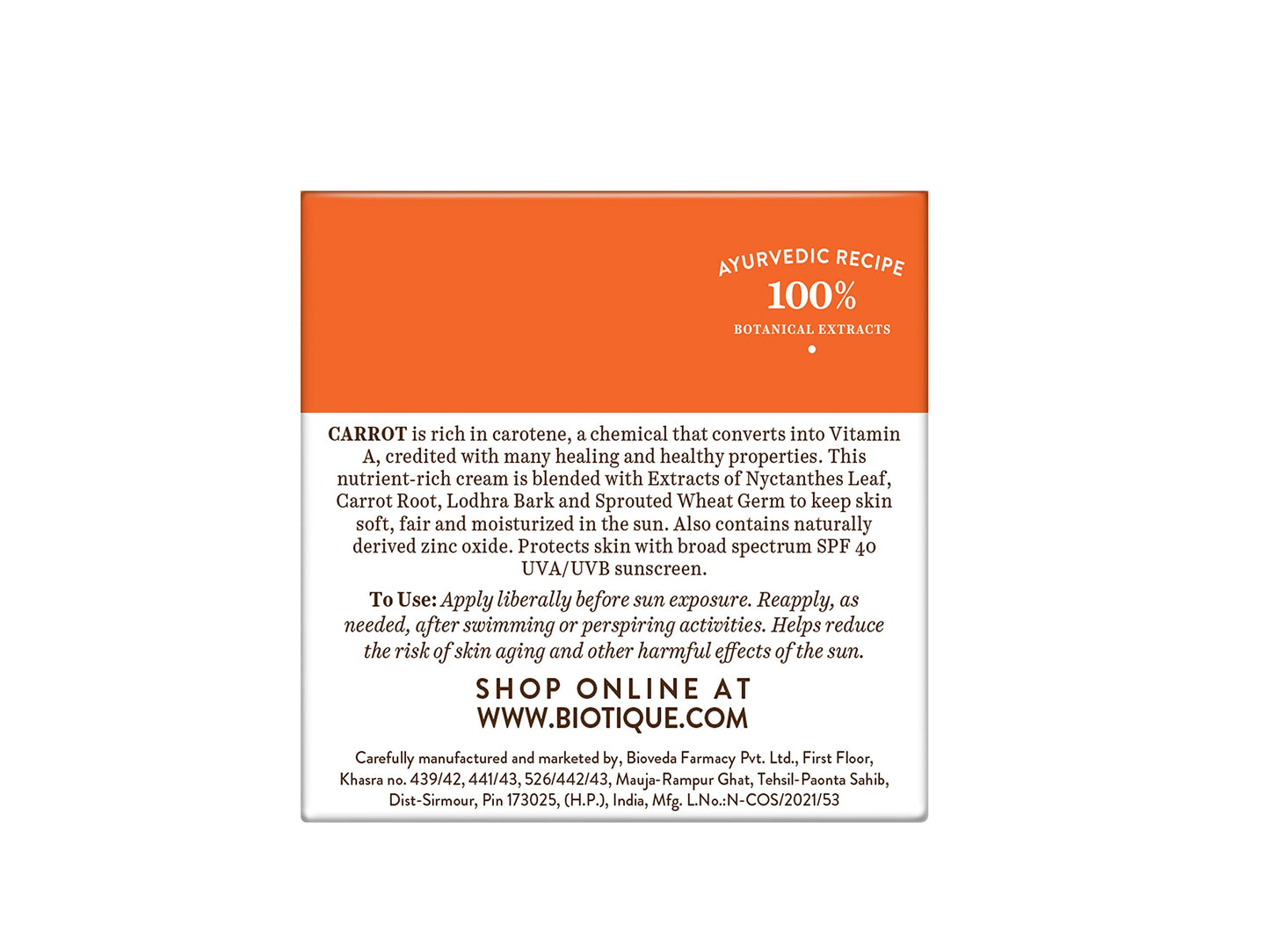 Bio Carrot Face and Body Sun Cream SPF 40 UVA/UVB Sunscreen by Biotique