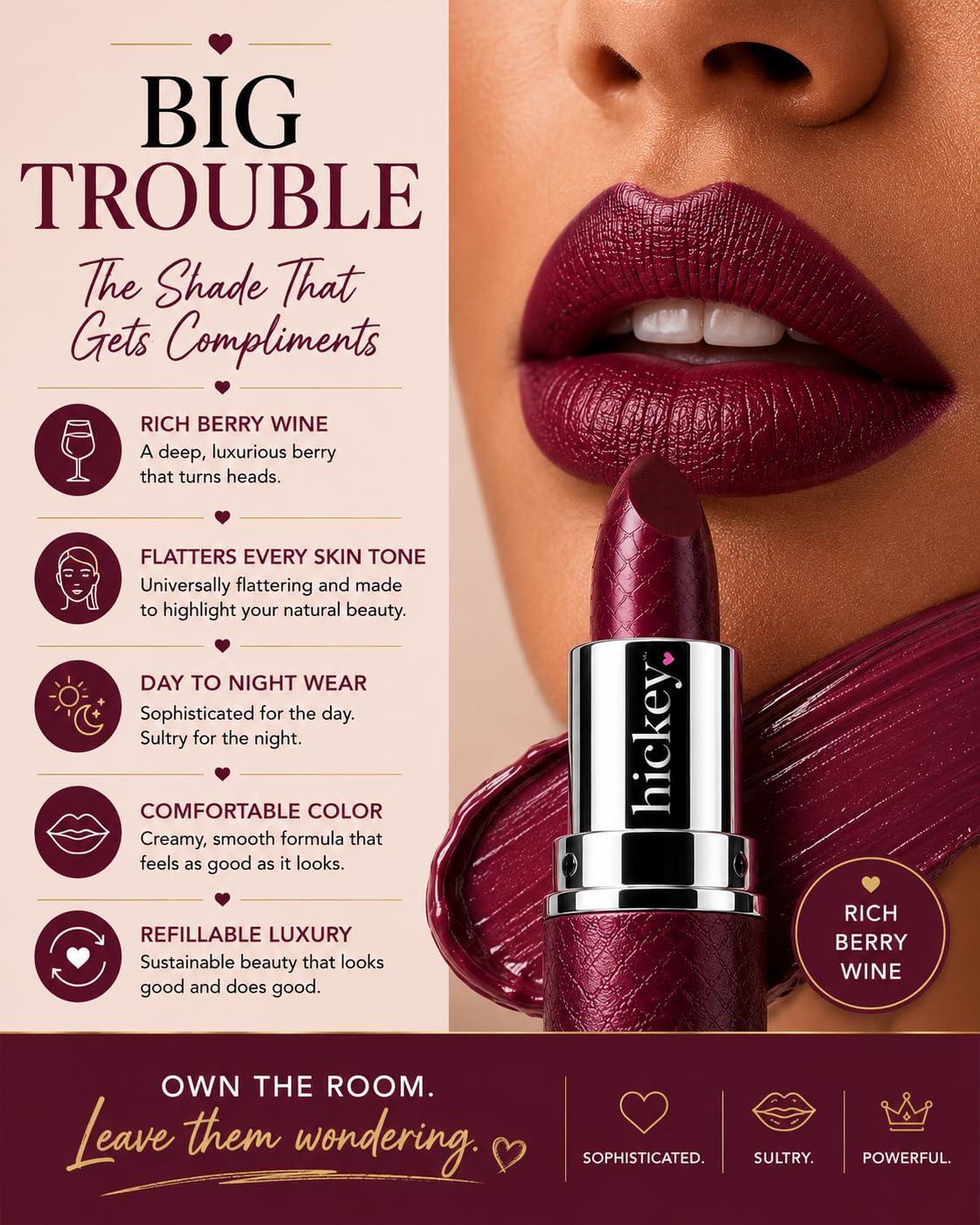 Hickey Lipstick Refill - Big Trouble (Berry Wine) - Hydrating Formula with Jojoba Oil, Long Lasting Velvet Finish Formula - Vegan & Gluten-Free