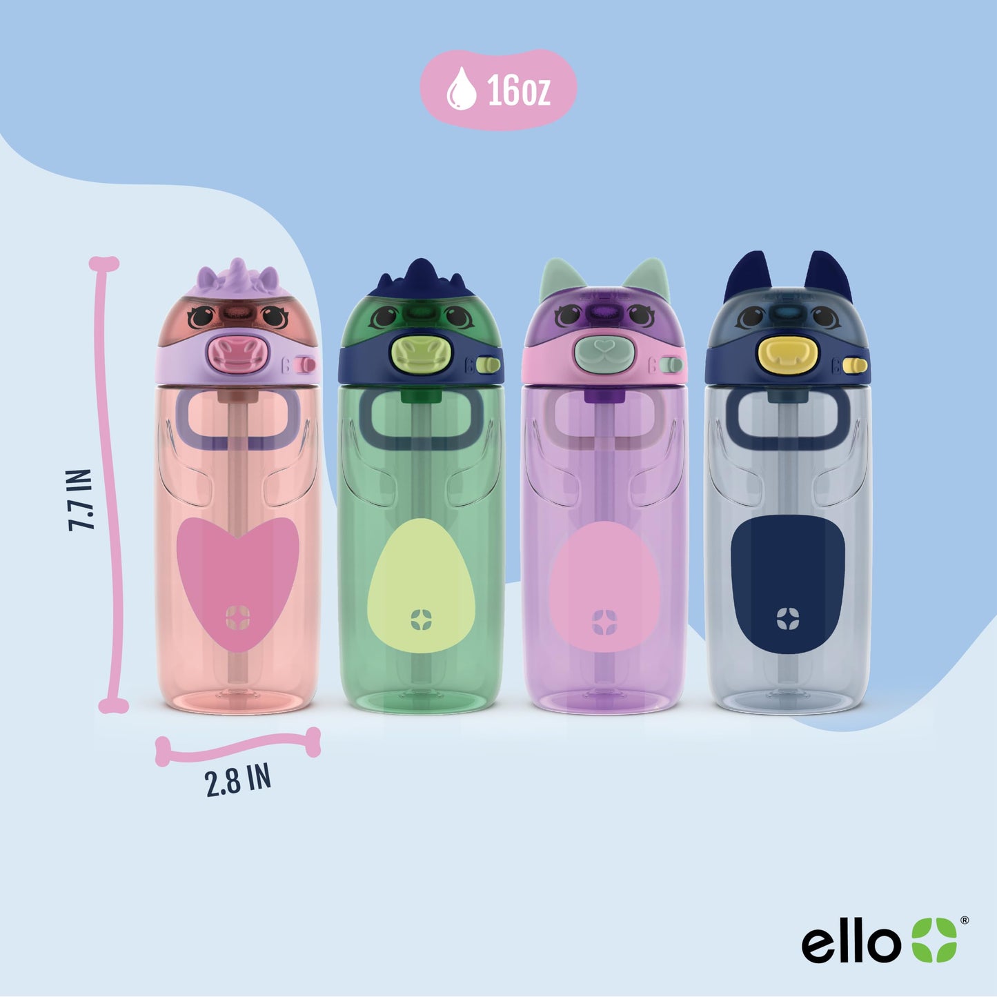 Ello Ellies 16oz Plastic Kids Water Bottle with Straw and Built-in Carrying Handle and Leak-Proof Locking Lid for School backpack, Lunchbox