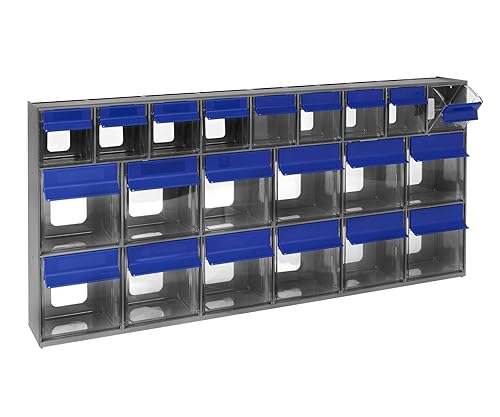 Quantum Storage Systems QTB669 Tip Out Bin Storage System with 21 Clear Cup Containers, 3-5/8" x 23-5/8" x 11-1/6", Gray