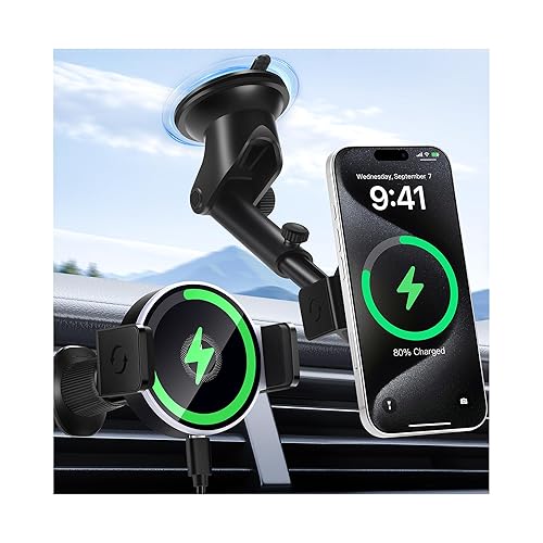 Wireless Car Charger, 15W Fast Car Mount Charger for iPhone 17/16/15/14/13/12/11/10/9/8 Series & Samsung, Auto-Clamping Magnetic Car Phone Holder…