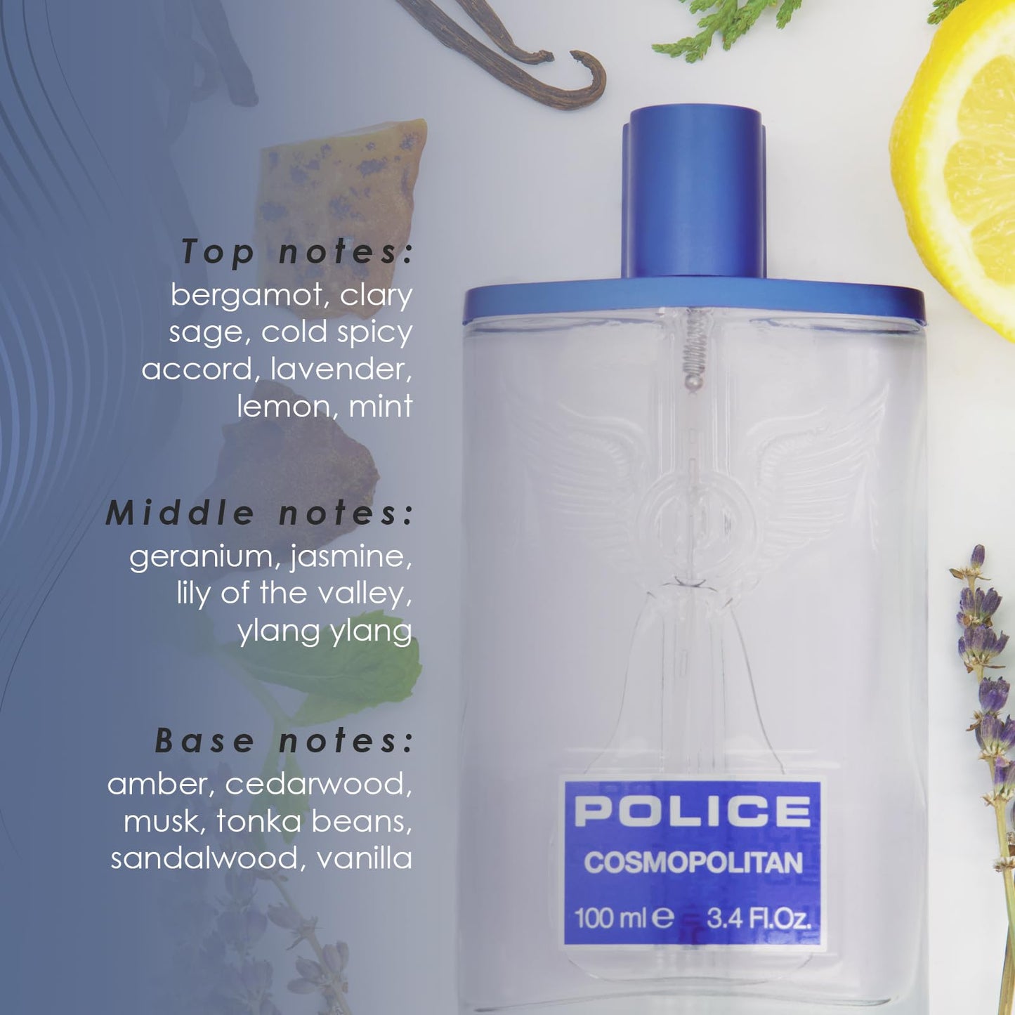 Cosmopolitan By Police - Fragrance For Men - Top Notes Of Mint And Sage - Middle Notes Of Jasmine And Nutmeg - Base Notes Of Vanilla And Sandalwood