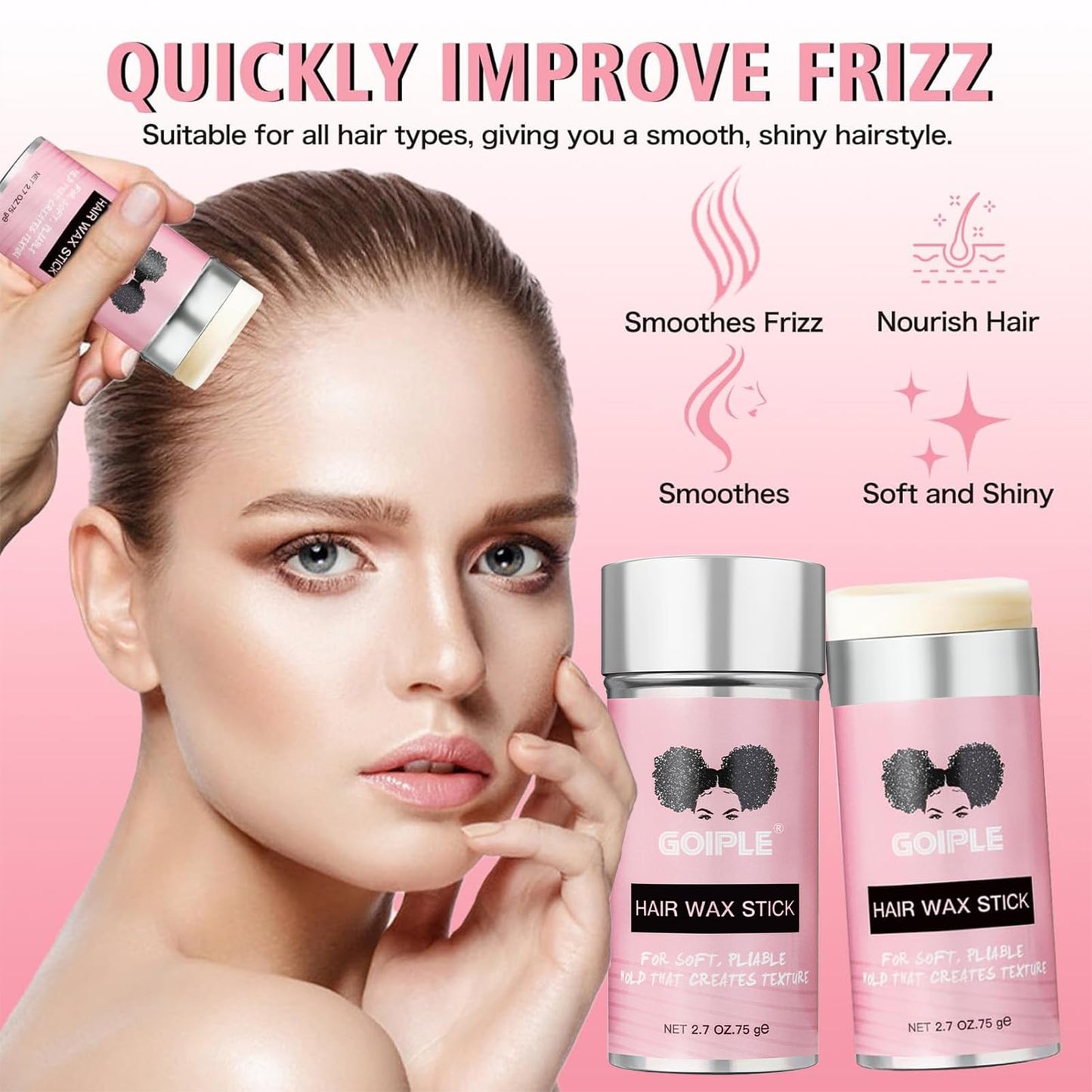 Goiple Hair Wax Stick - Long-Lasting, Smoothing & Slick Pomade Stick for Hair Wigs, Styling Waxes for Fly Away & Edge Frizz Hair, 2.7oz each