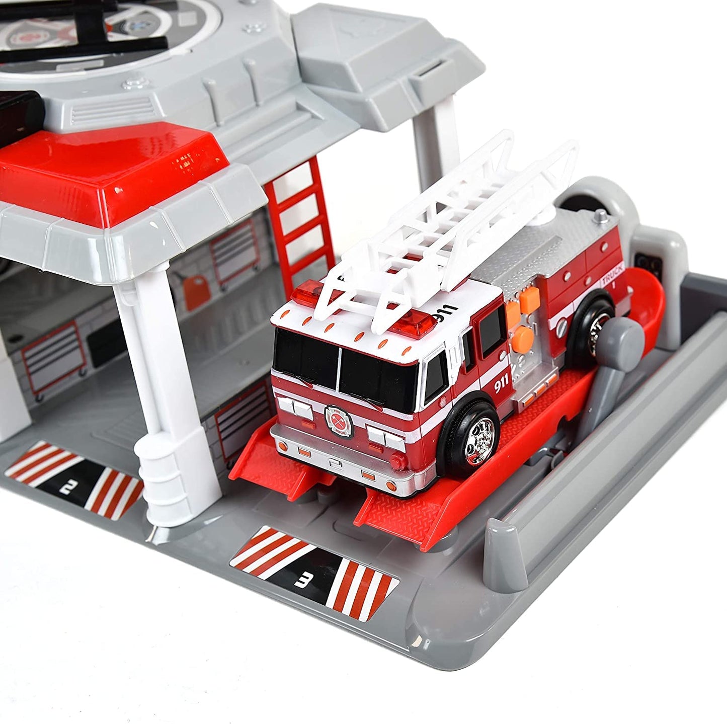 Fire & Rescue Garage Toy Set with Lights & Sounds – Parking Garage, Vehicle Lift, Intercom, Helicopter & Fire Truck with Friction Motor for Kids