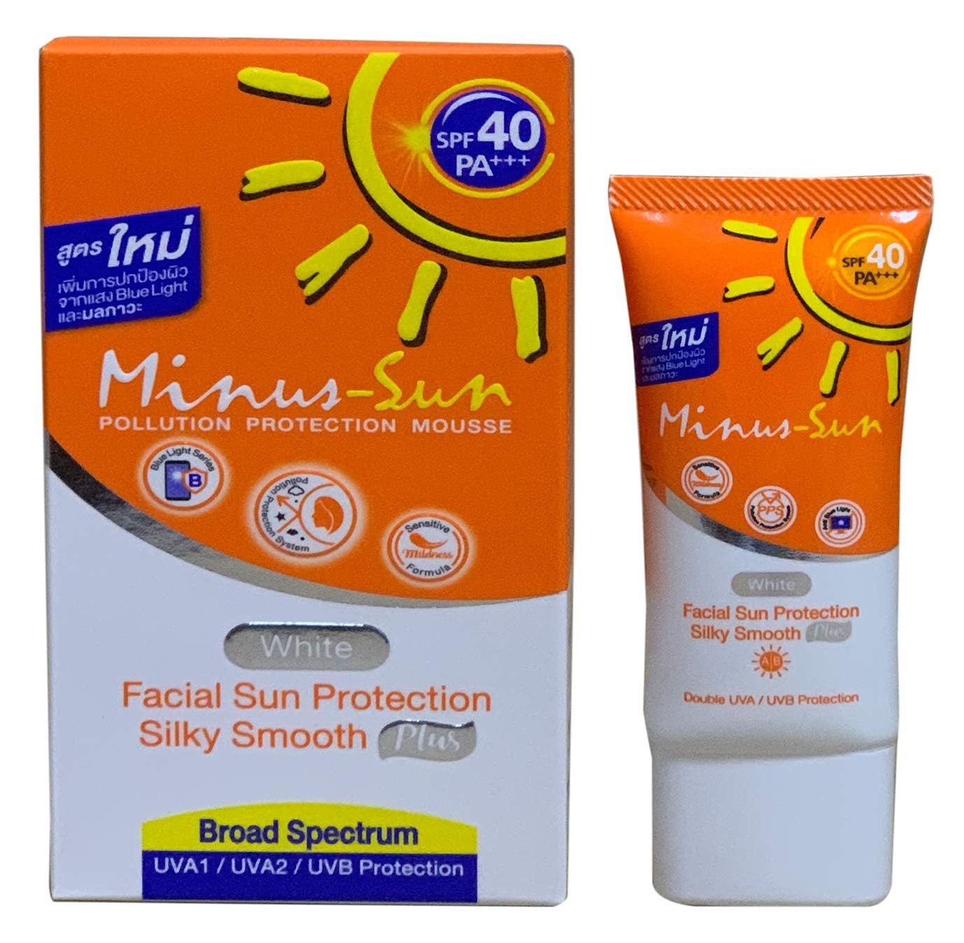Minus-Sun SPF40 PA+++ (White) Pollution Protection Mousse 30 Gram. Facial Sun Protection Silky Smooth Plus UVA1 UVA2 and UVB Protection