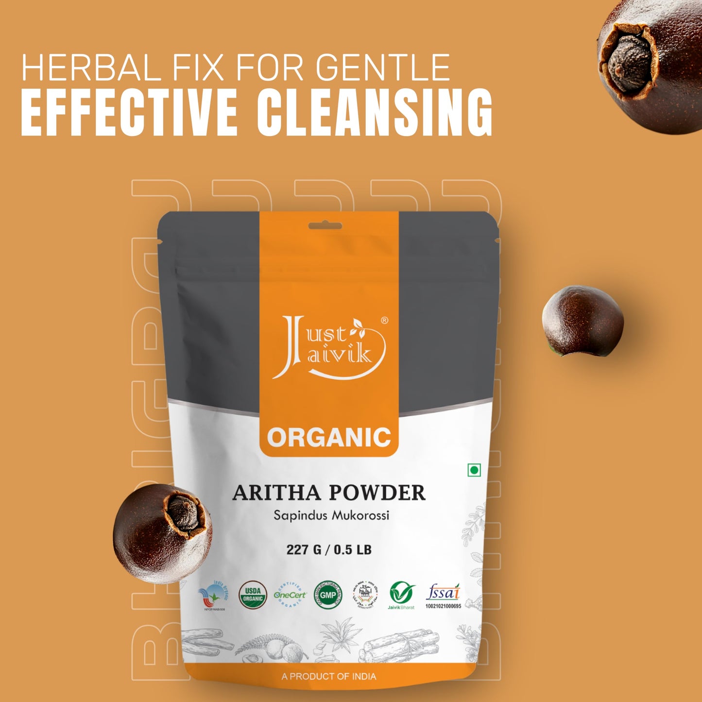 100% Organic Certified Aritha Powder (Soap Nut Powder) 227g /0.5 LB/ 08oz - Organic Hair Cleansing and Conditioning Product