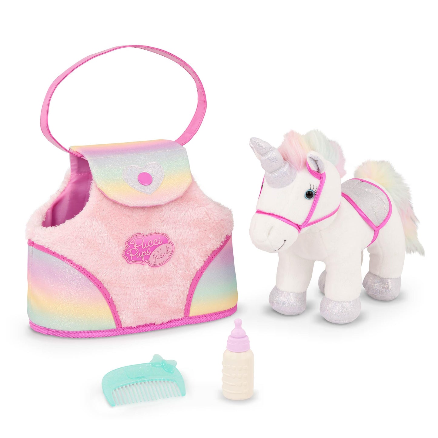 Pucci Pups - Plush Pet- Dog Carrier - Toy Unicorn - Rainbow Bag & Sparkly Comb - Stuffed Animal - 3+ Years