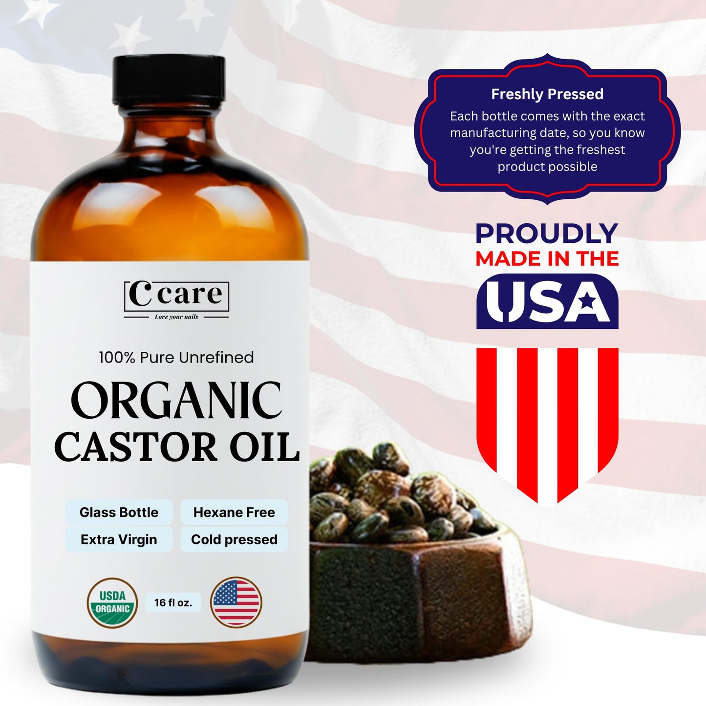 Castor Oil 100% Pure Organic Cold Pressed Unrefined Glass Bottle | USDA Certified Organic | Hexane Free Extra Virgin | for Hair Growth Eyebrows Beauty and Personal Care C CARE