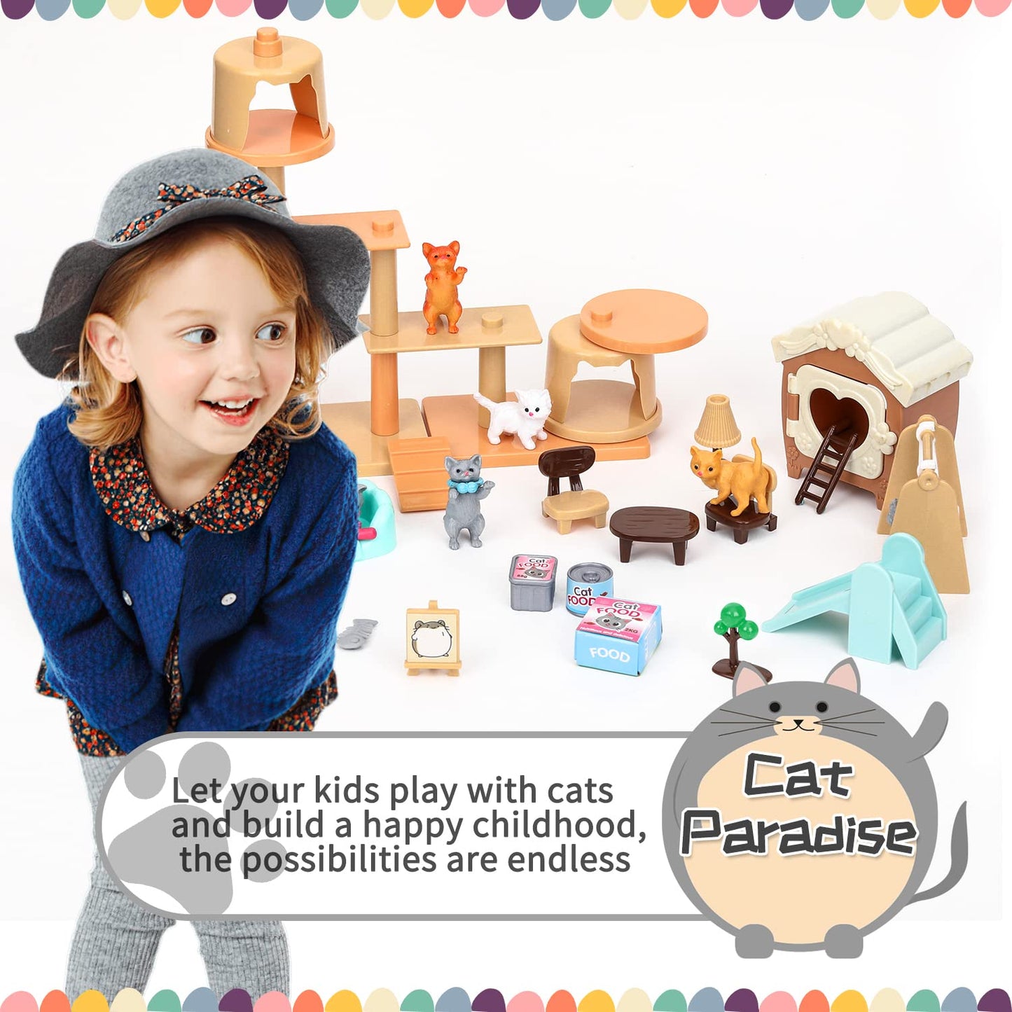 TQQFUN 43-Piece Cat Figurine Playset - Realistic Pet Care Center Role Play Toys for Kids, Toddlers, Boys and Girls