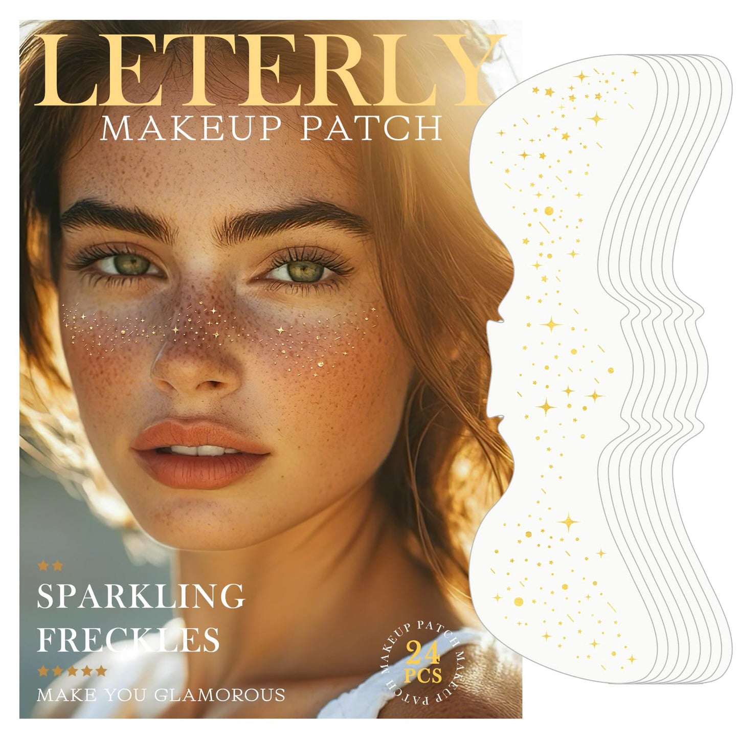 Leterly 24 Pcs Glitter Freckles Face Tattoo,Gold Face Glitter Makeup Patches Cute Sparkle Freckles Patches Waterproof Makeup Speckles for Face