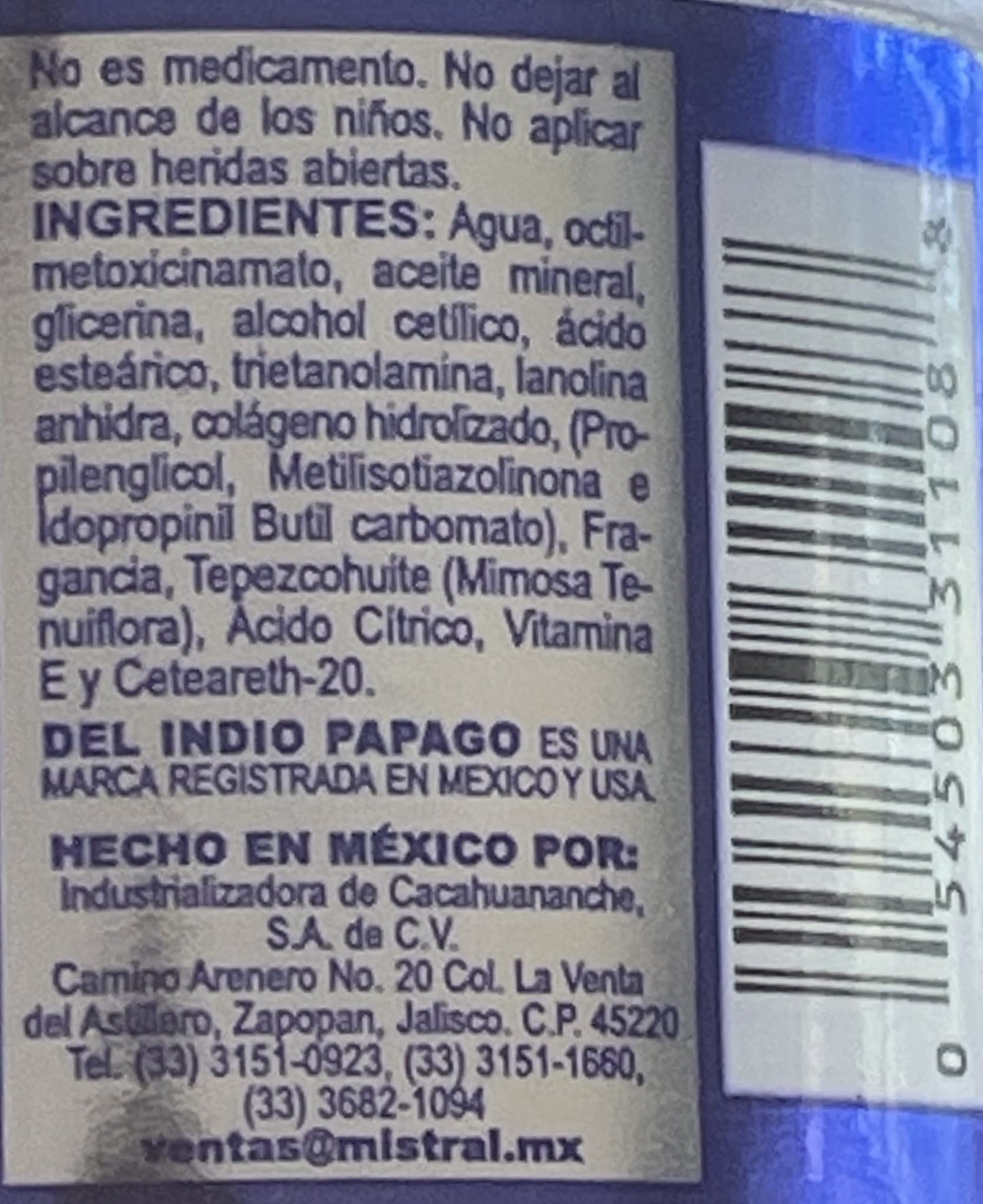 Del Indio Papago TEPEZCOHUITE 120g SKIN CREAM COLLAGEN & VITAMIN E SUNSCREEN SPF-15 White