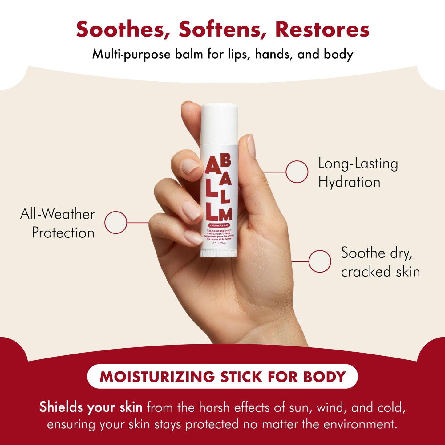 Zizia Cherry Giant Multi All Balm Stick - Moisturizing and Hydrating Stick for Lips, Hands & Body - with Shea Butter, Jojoba Oil, Aloe Vera, Calendula