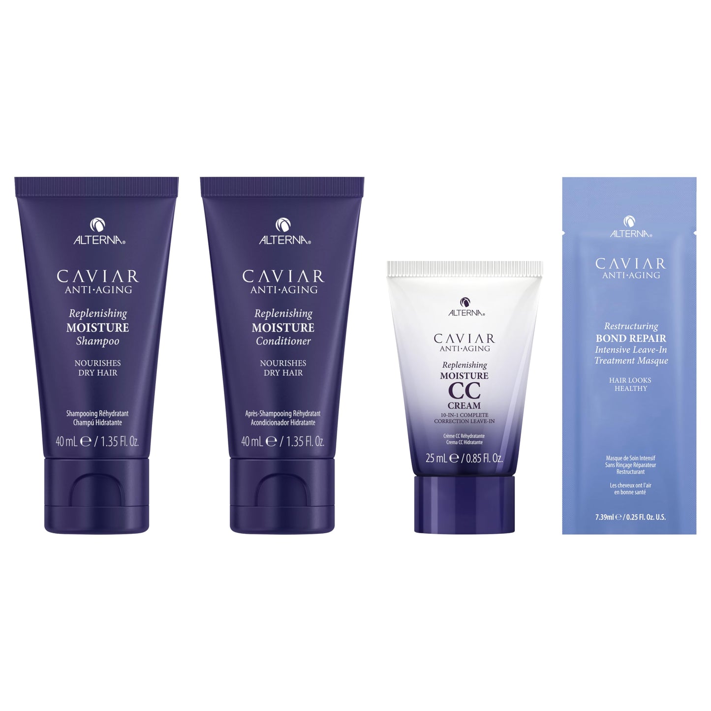 Alterna Haircare CAVIAR Anti-Aging Replenishing Moisture Trial Kit - Shampoo, Conditioner, Leave-In CC Cream | For Dry, Brittle Hair | Protects