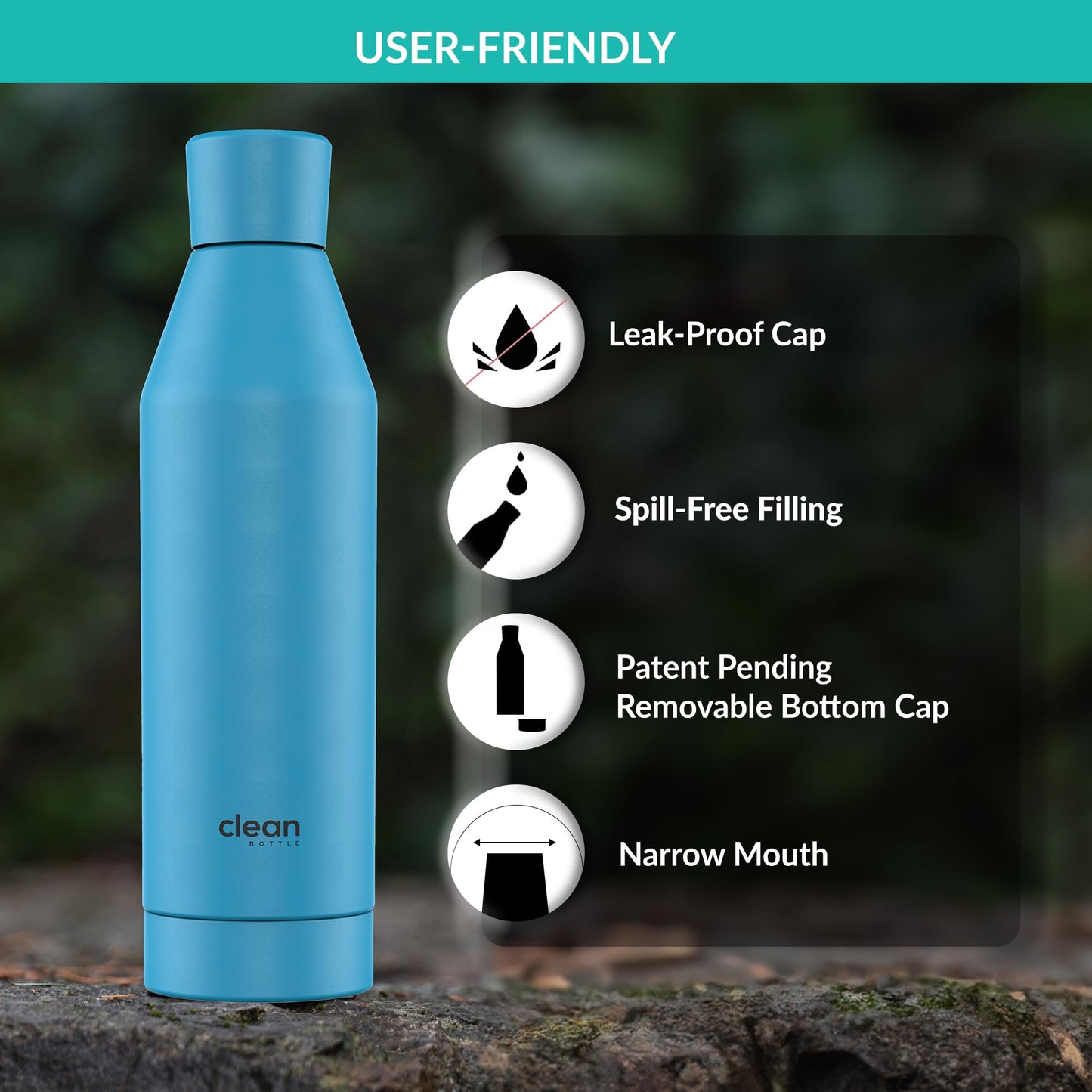 The Clean Hydration Co, Canteen 17, Easy to Clean Vacuum Insulated Stainless Steel Water Bottle with Removable Bottom Cap (Aqua)