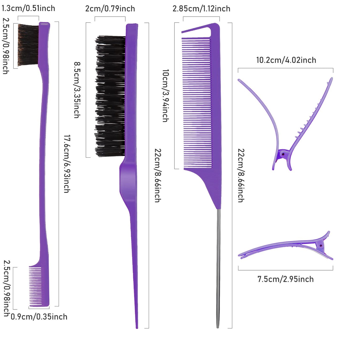 Remerry 12 Pieces Hair Brush Set, Includes 3 Row Salon Teasing Brushes, Double Sided Hair Edge Brush, Rat Tail Combs, Duckbill Clips for Women Girls