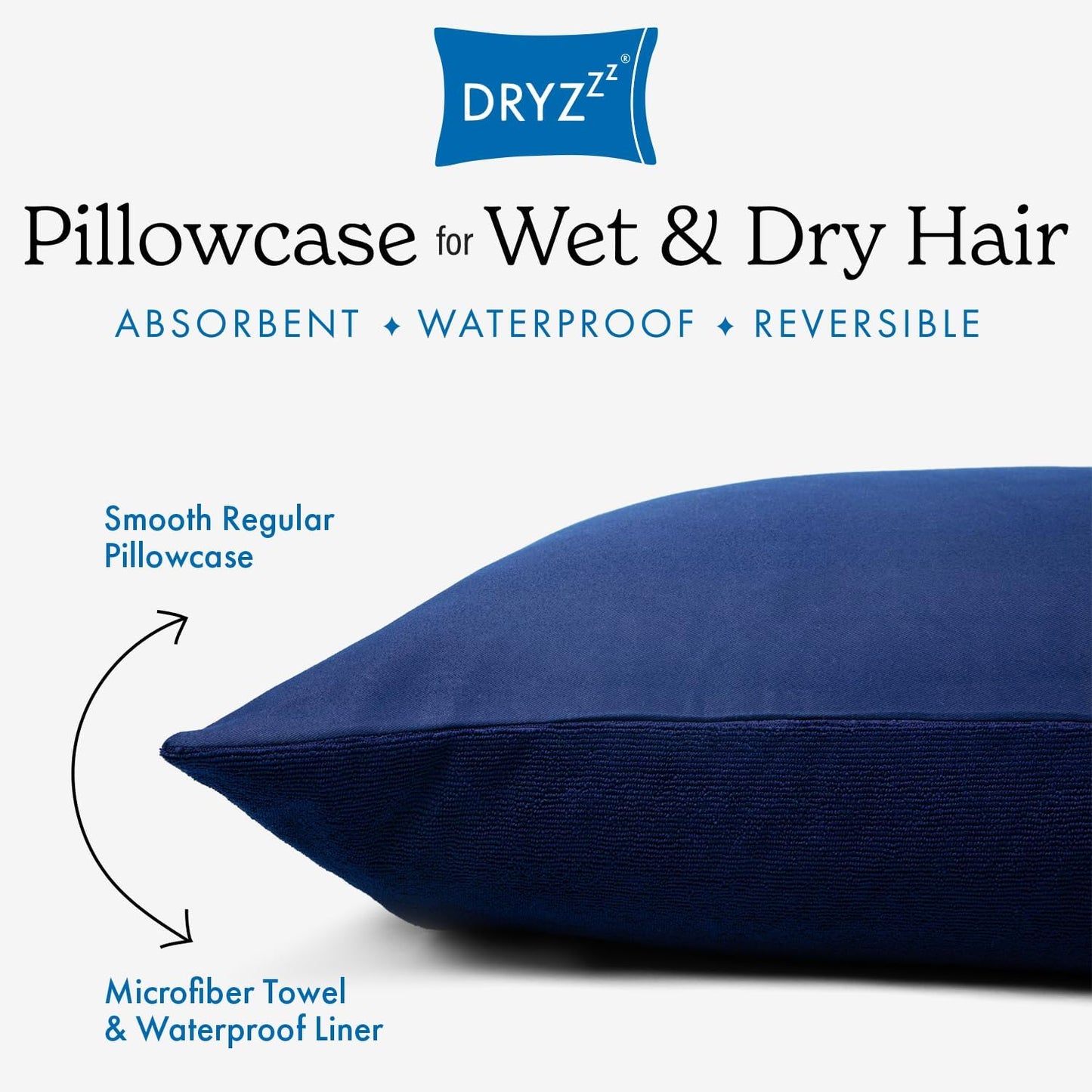 DryZzz Waterproof Pillow Protector Cooling Pillow Case 29"x19" 1pc Navy Blue Standard Size, Absorbent Towel Pillowcase Dual-Sided Wet & Dry Hair,
