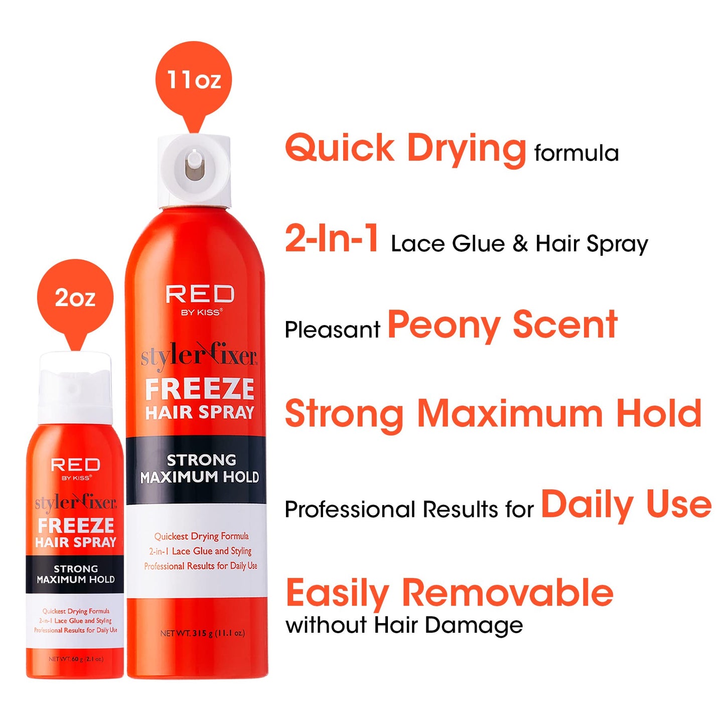 Red by Kiss Styler Fixer Freeze Hair Spray Strong Maximum Hold 2-In-1 Lace Glue and Styling 2oz