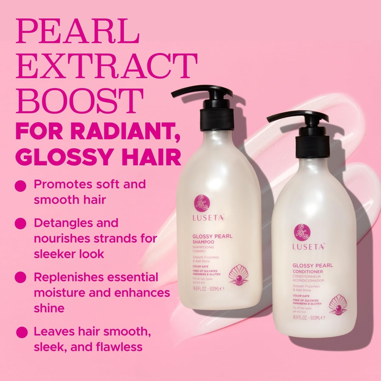Luseta Glossy Pearl Shampoo and Conditioner Set Smooth & Moisturize, Add Shine and Helps Tame Frizz,Hydrating for Damaged Hair, Detangle,Nourish