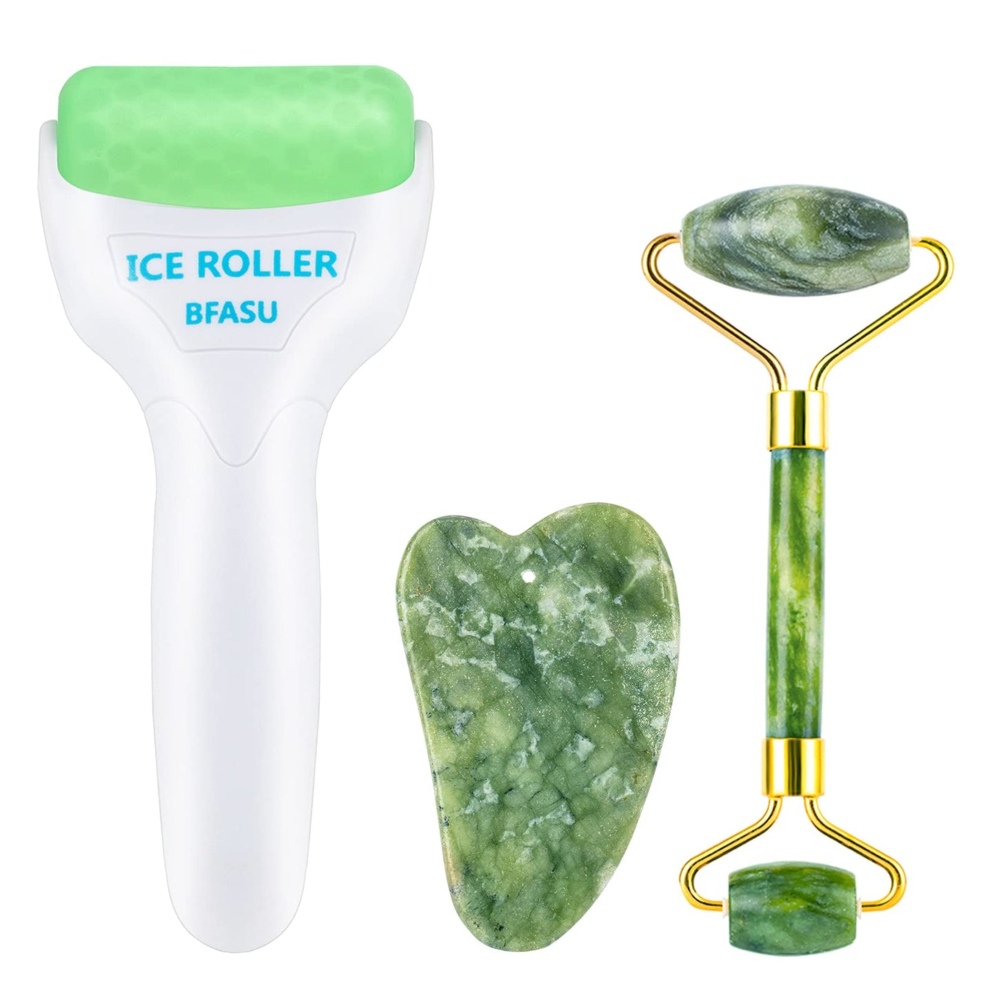 BFASU Facial Roller Set of 3, Ice Roller, Two-Sided Jade Roller and Gua Sha Massage Tool, Rolling Tool for Facial Beauty and Body Massage, Helps
