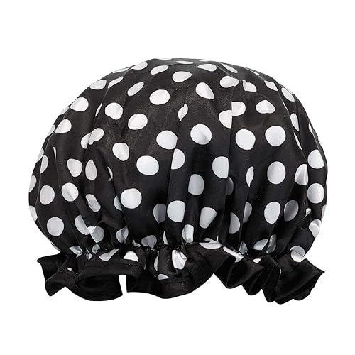 allydrew Reusable Women's Waterproof Shower Caps for Long Hair, Black and White Dots