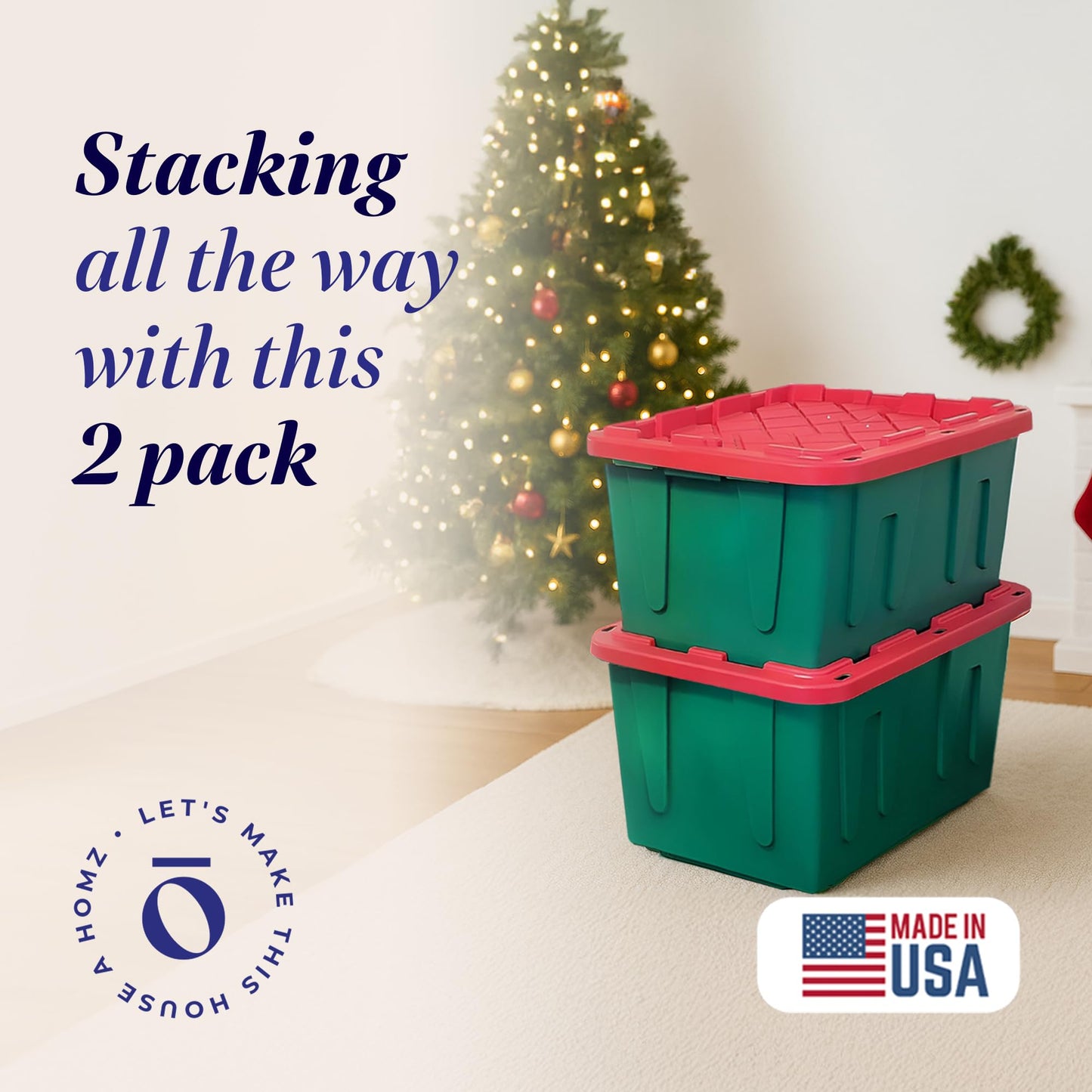 HOMZ 2-Pack Durabilt, Heavy Duty Plastic Storage Bins with Lids, 27 Gallon, Green/Red - Stackable Container Boxes for Holiday, Attic, and Garage…