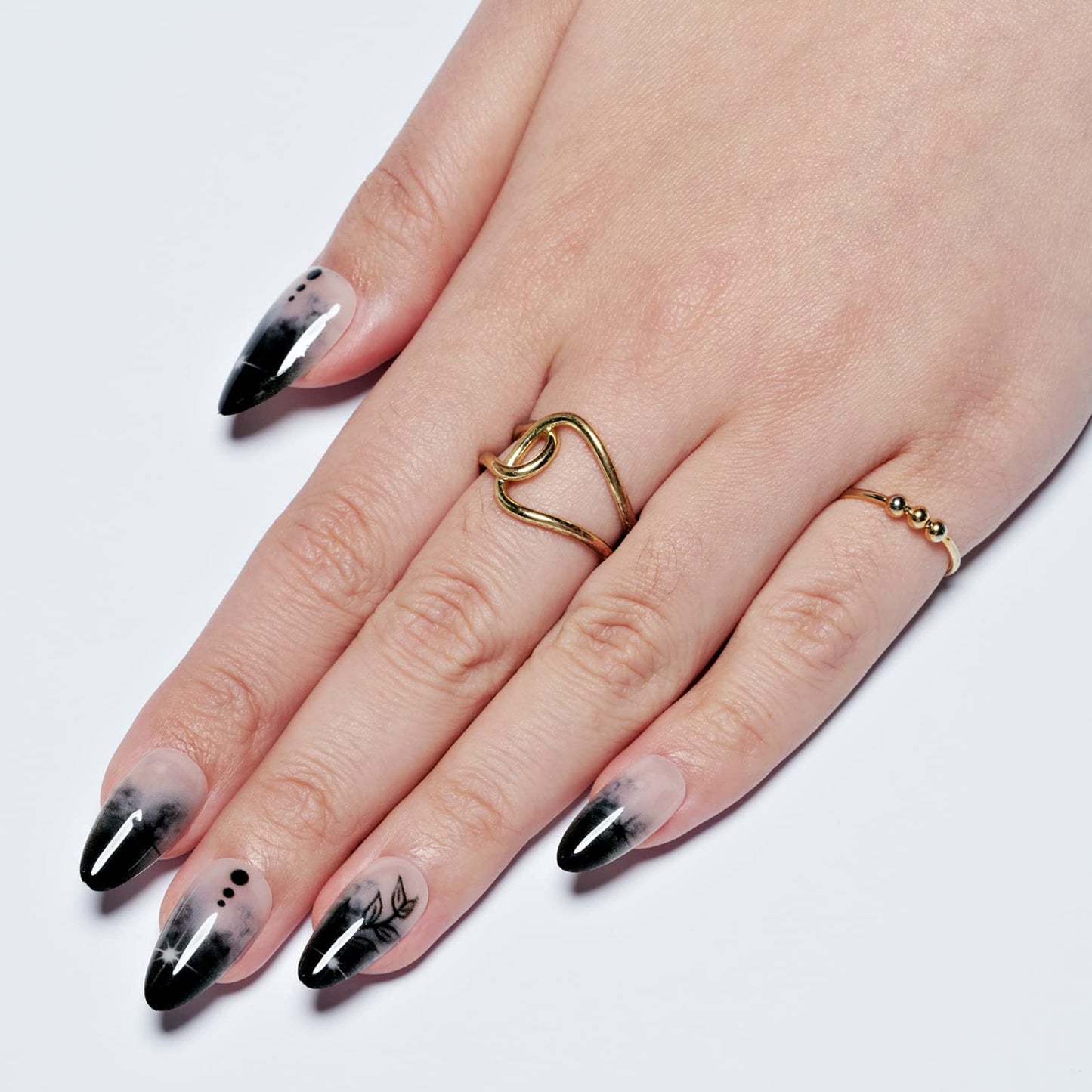 GLAMERMAID Press on Nails Medium Almond, Gothic Black Ombre French Tip Gel Glue on Nail, Glossy Short Stiletto Reusable UV Finish Fake Nails Acrylic