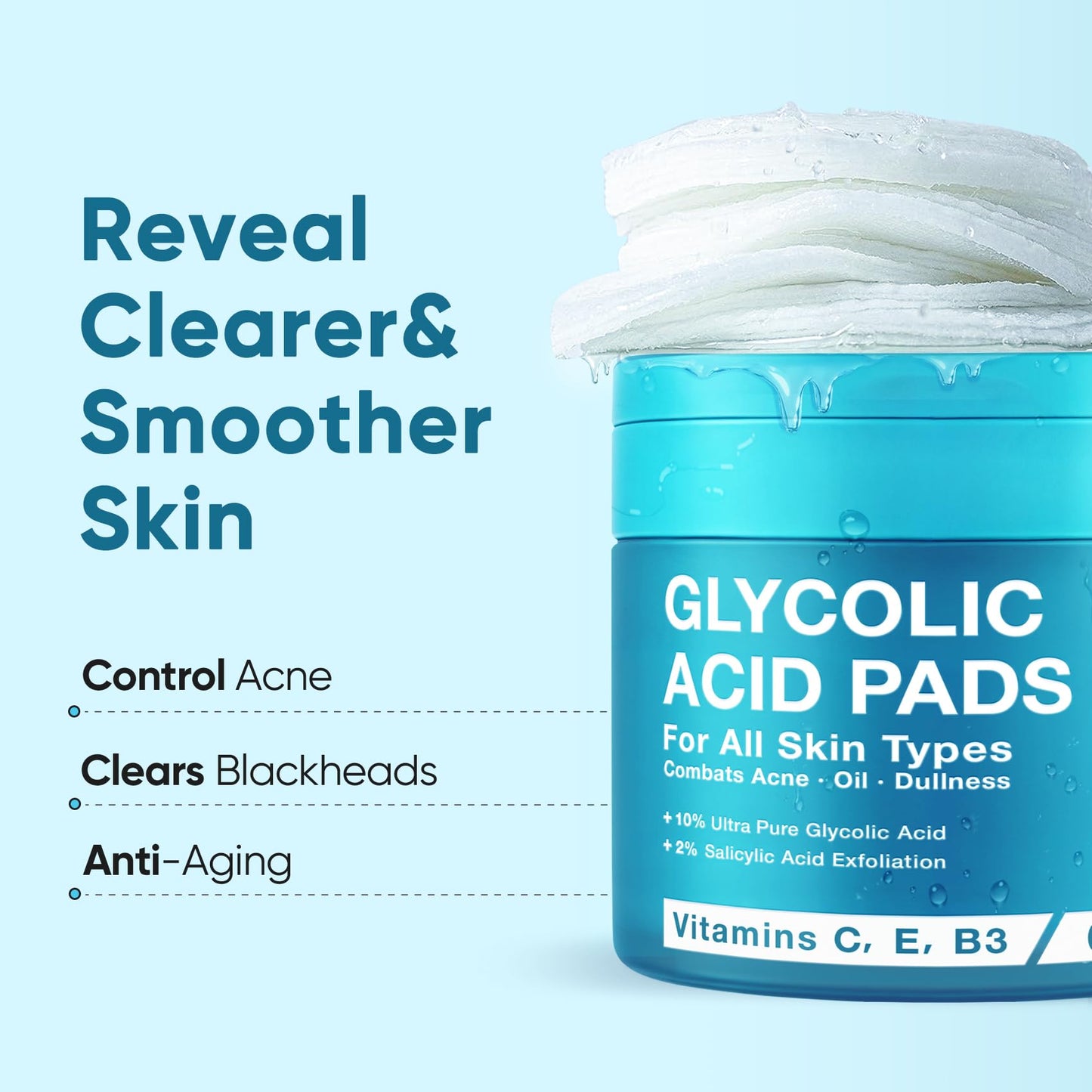 Elvira Glycolic Acid Exfoliating Facial Pads With 10% Glycolic Acid, 2% Salicylic Acid & Niacinamide - 60 Toner Pads, Daily Peel Treatment for Acne