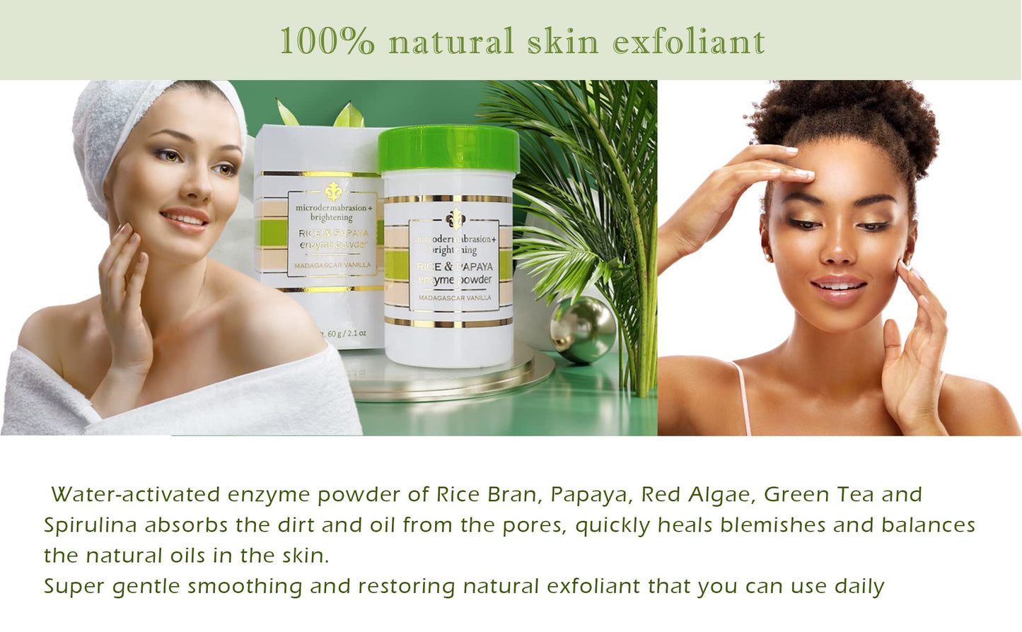 Rice and Papaya Enzyme Powder (water-activated) - All Natural Daily Face Exfoliator/Cleanser - Pore purifying, anti-aging, ingredients; fights