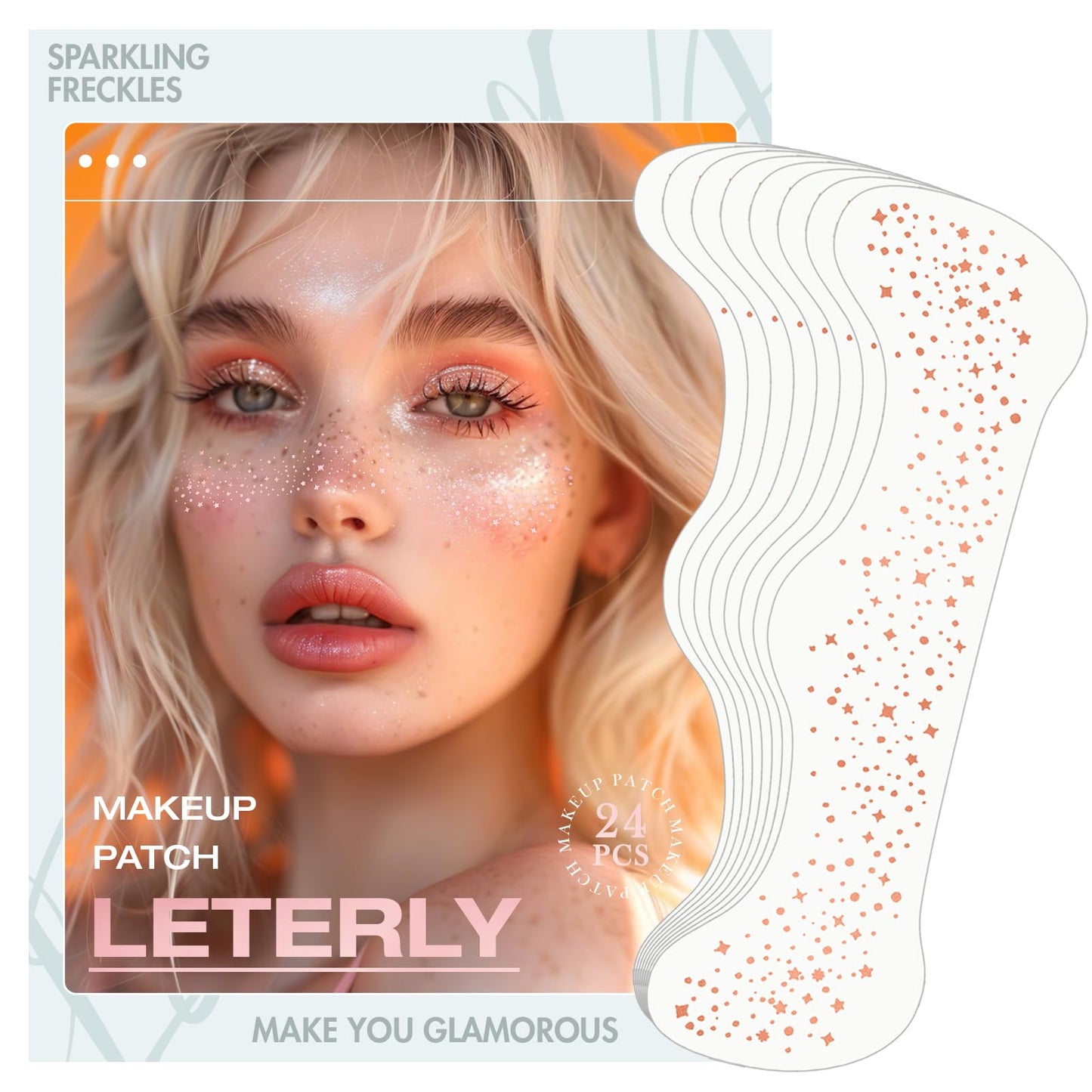 Leterly 24 Pcs Glitter Freckles Face Tattoo,Rose Gold Face Glitter Makeup Patches Cute Sparkle Freckles Patches Waterproof Makeup Speckles for Face
