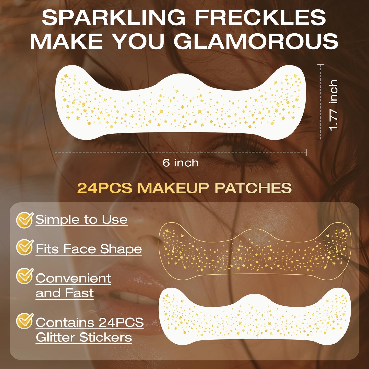 Leterly 24 Pcs Glitter Freckles Face Tattoo,Gold Face Glitter Makeup Patches Cute Sparkle Freckles Patches Waterproof Makeup Speckles for Face