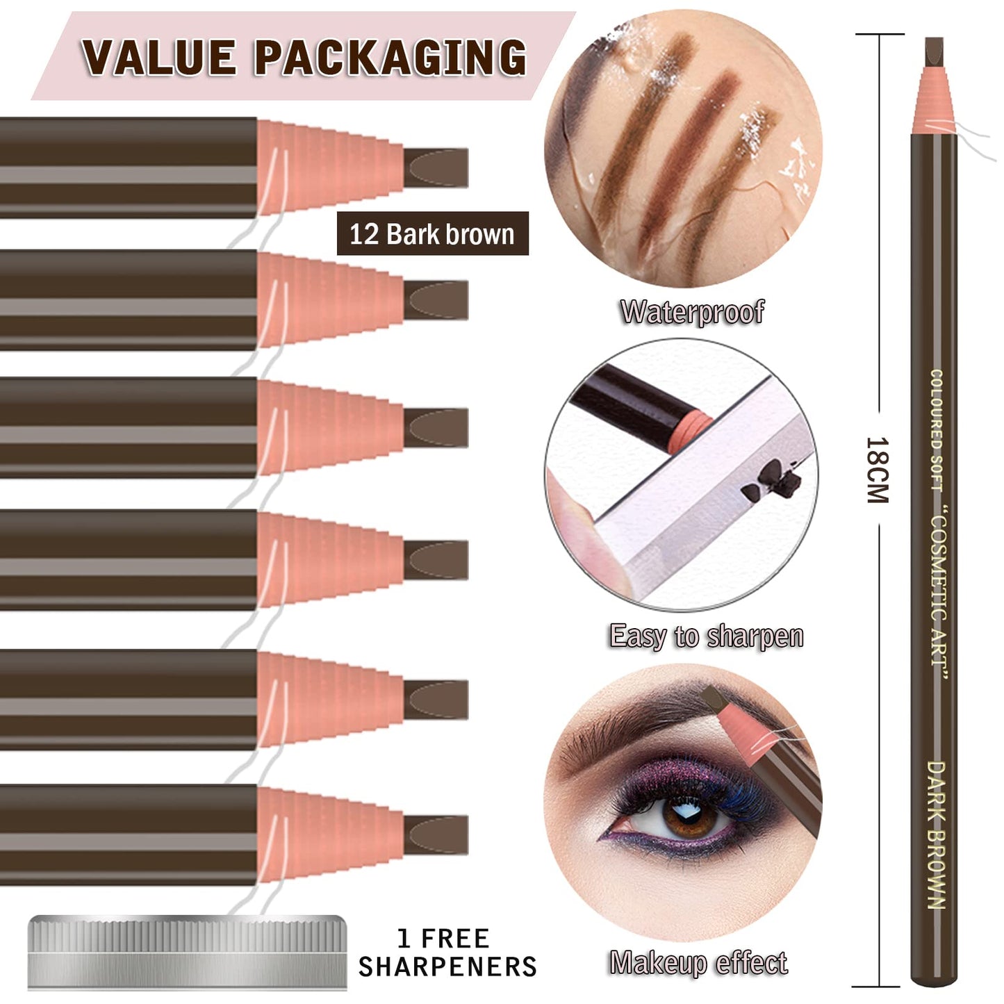 12 Piece Dark Brown Colour Waterproof Eyebrows Pencil Tattoo Makeup And Microblading Supplies Kit-Permanent Eye Brow Liners In Waterproof Eyebrow