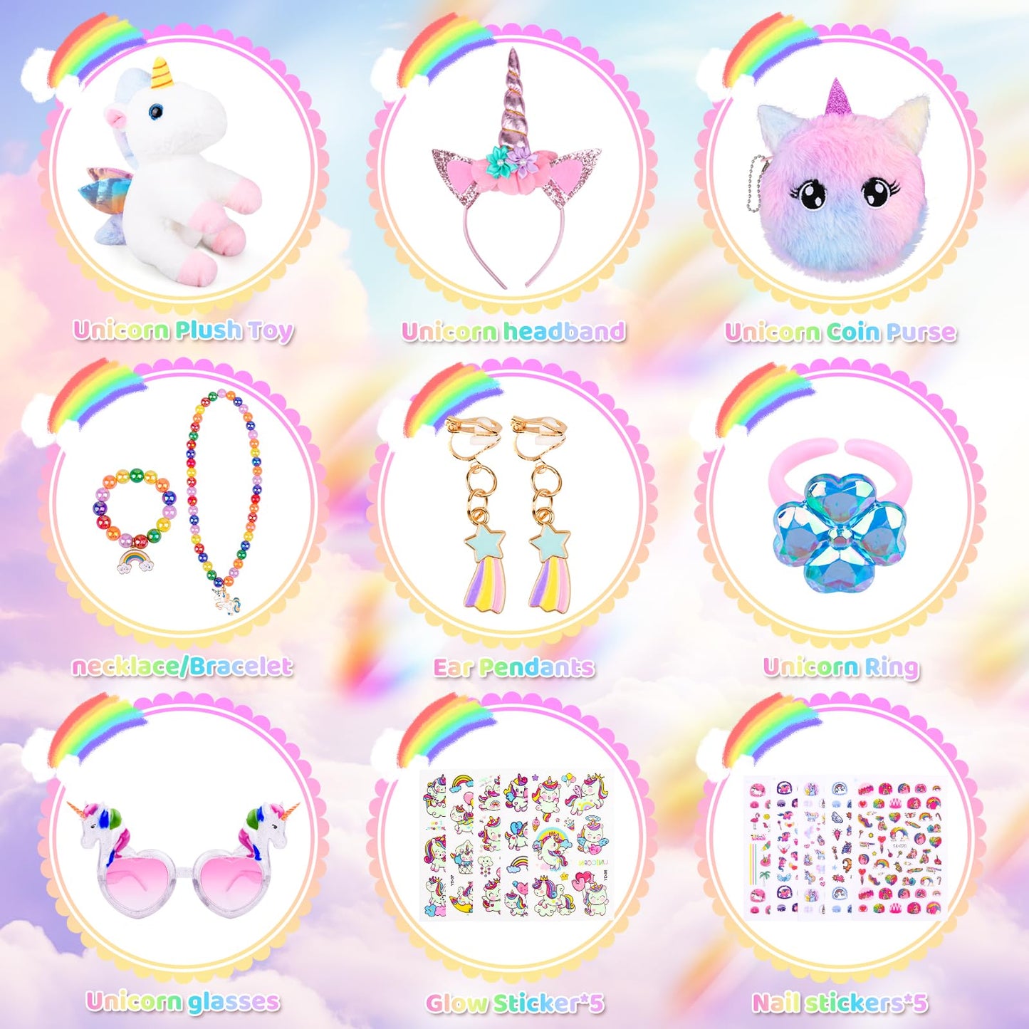 Unicorn Plush Toys Kit Girls Gift for Girls Stuffed Animal Toy/Purse/Ring/Glasses/Necklace/Bracelet/Decal/Earrings/Tiara Fun and Engaging Christmas…