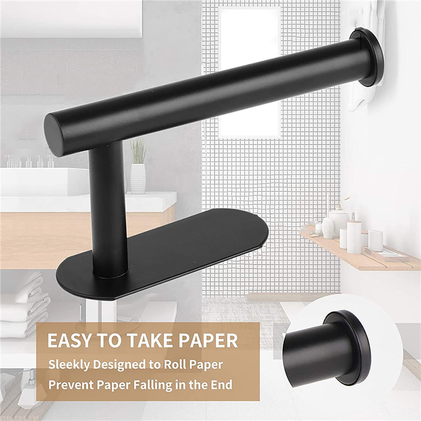 JOPOFI Self Adhesive Toilet Paper Holder – No-Drill Wall Mount, SUS 304 Stainless Steel, Matte Black Bathroom Roll Holder