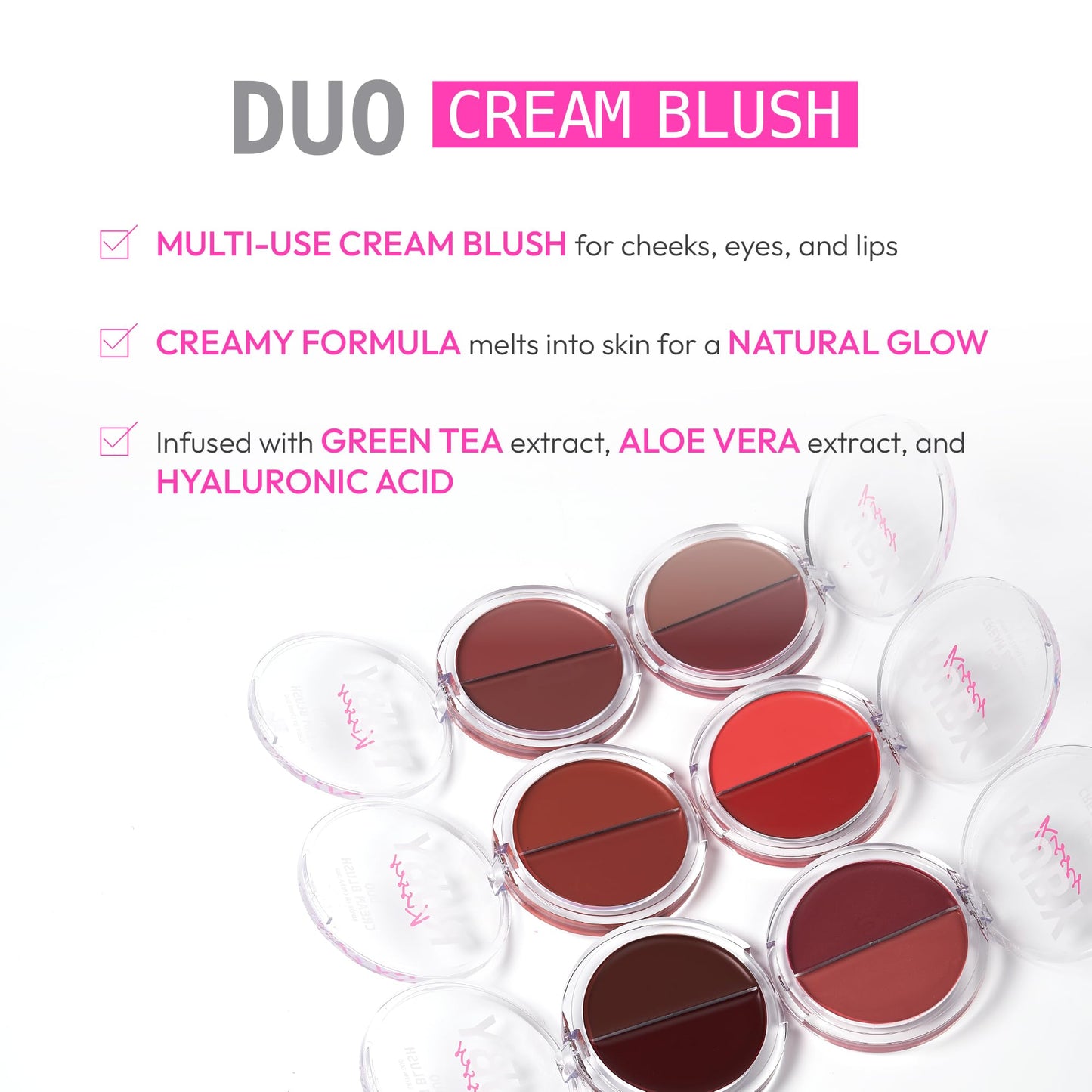 Ruby Kisses Duo Cream Blush, Smooth, Natural-Looking, Long-Lasting Face Makeup Blush for Cheeks, Lips, and Eyes, Buildable and Blendable, Infused
