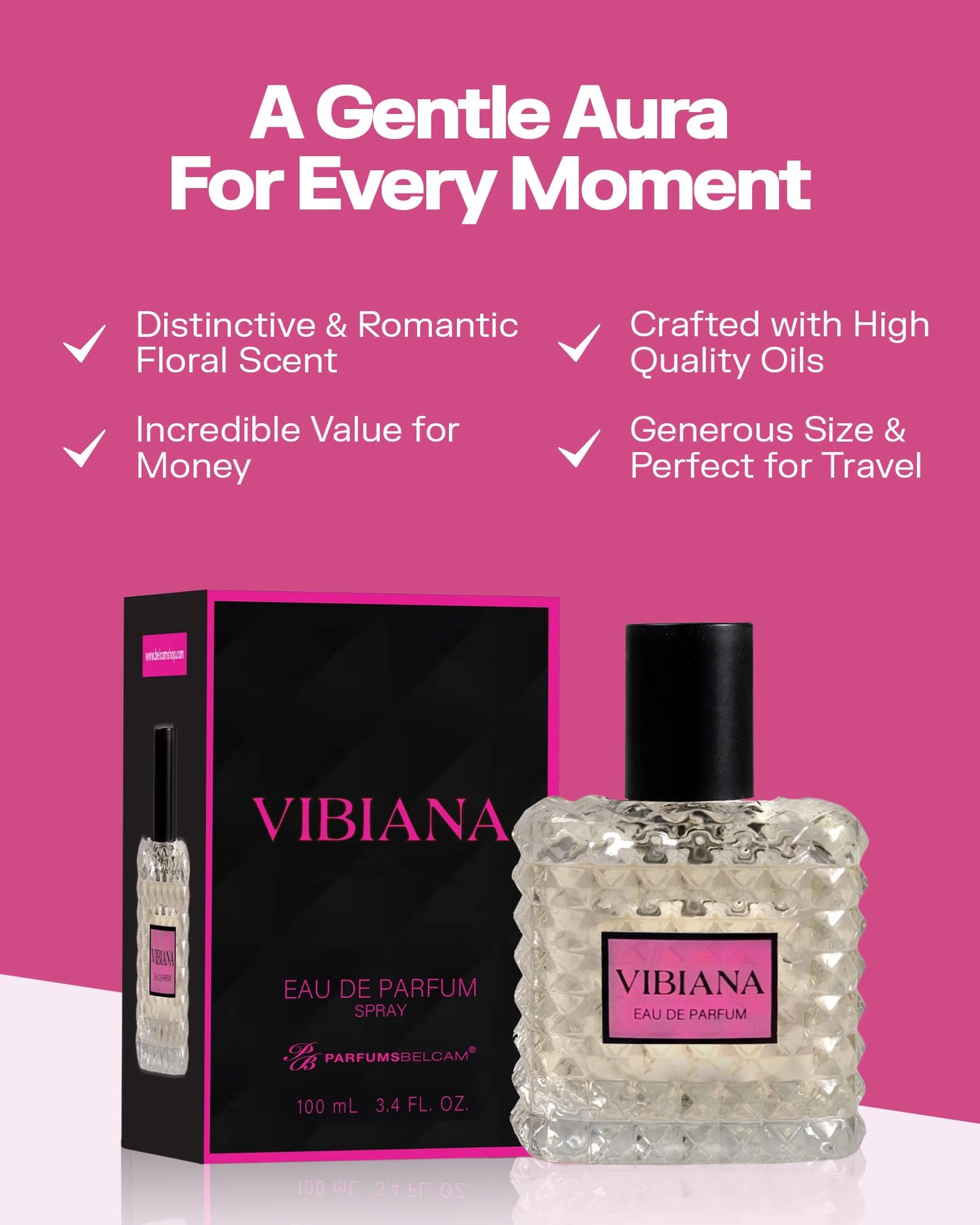 PB ParfumsBelcam Vibiana Eau de Parfum for Women - Warm Floral-Woody Perfume with Black Currant, Jasmine Tea & Bourbon Vanilla - Sweet Modern Fragrance Spray, Signature Everyday Scent, 3.4 Fl Oz