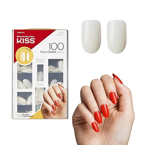 KISS 100 Full-Cover Nails, Press-On Nails, Nail glue included, 'Active Oval' Shape, Clear, Medium Size, Oval Shape, Includes 100 Nails, 3g Maximum