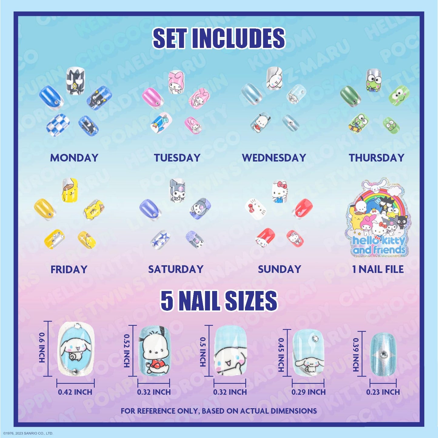 Hello Kitty and Friends 84pc Kid Press-On Nails Set, Pre-Adhesive Ages 6+ Beauty and Personal Care Townley Girl