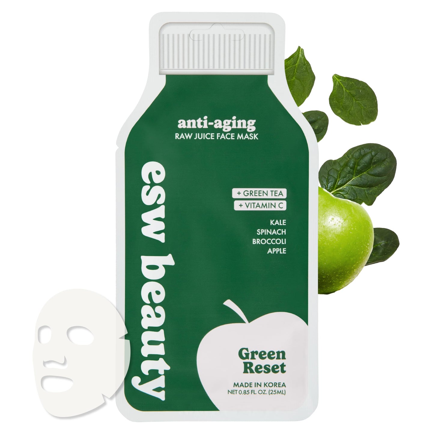 ESW Beauty Green Reset Anti-Aging Korean Face Mask - Vitamin C, Hyaluronic Acid & Kale for Collagen Support, Smooth Skin & Hydration - Skincare Gifts