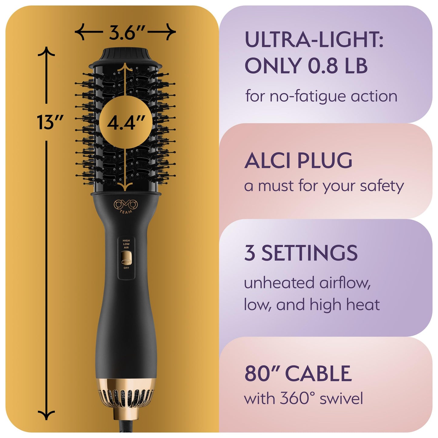Professional Blowout Hair Dryer Brush, Black Gold Dryer and Volumizer, Hot Air Brush for Women, 60MM Oval Shape