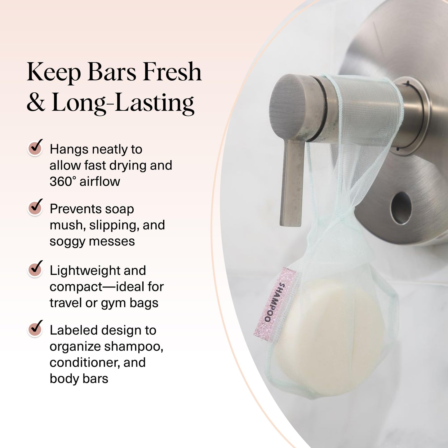 Kitsch Bar Soap Saver Bag - Patented Mesh Bag Soap Holder for Shampoo and Conditioner Bars - Extends Use & Prevents Soggy Mess - Recycled Mesh Beauty