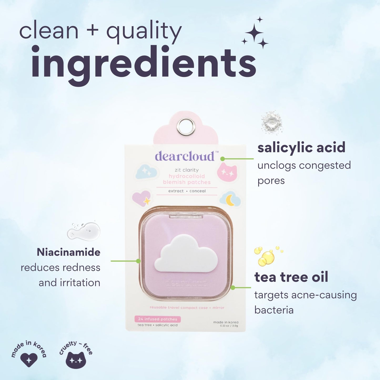 dearcloud Hydrocolloid Blemish Patches - 24 Count & Compact Case - Pimple Patches for Face, Acne Spot Treatment with Tea Tree Oil & Salicylic Acid