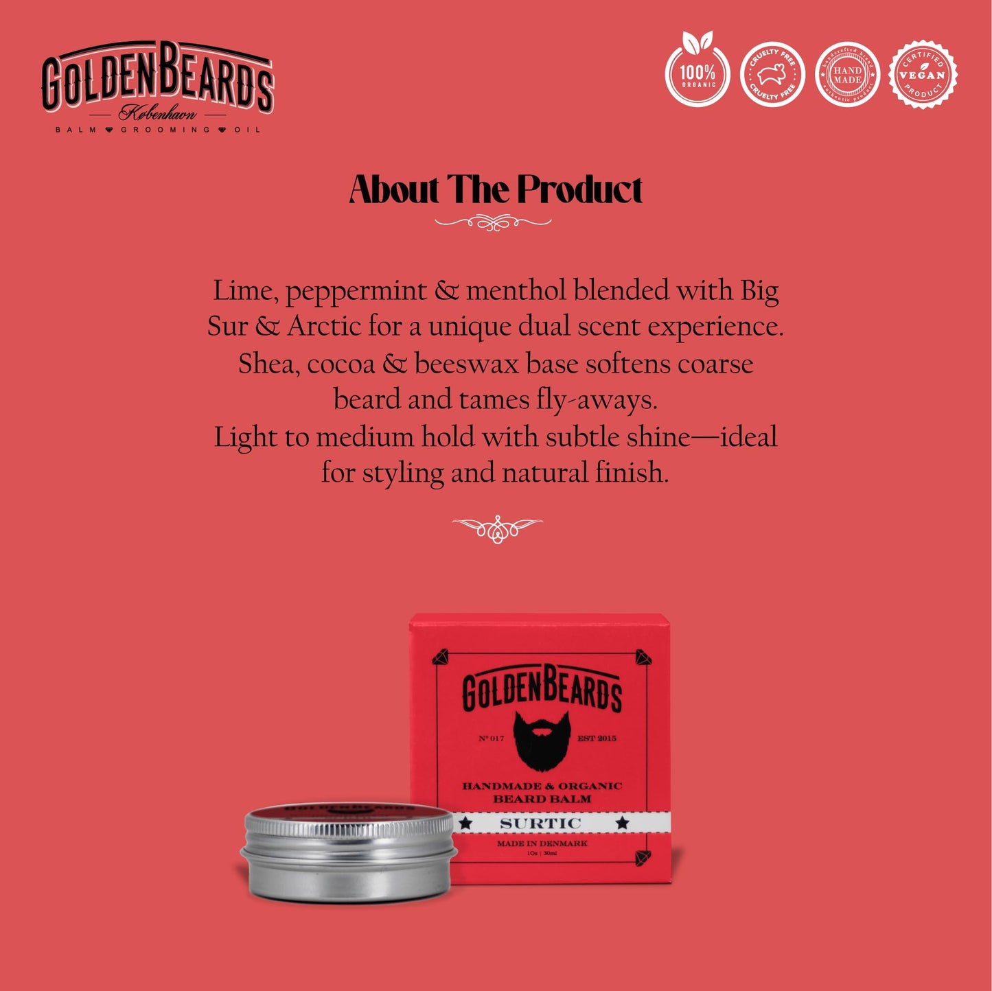 Golden Beards Organic Beard Balm Surtic - Lime, Peppermint & Menthol Blend with Shea & Beeswax - 30ml / Vegan Styling & Softening Balm, Handmade in Beauty and Personal Care Golden Beards Kobenhavn BALM GROOMING OIL
