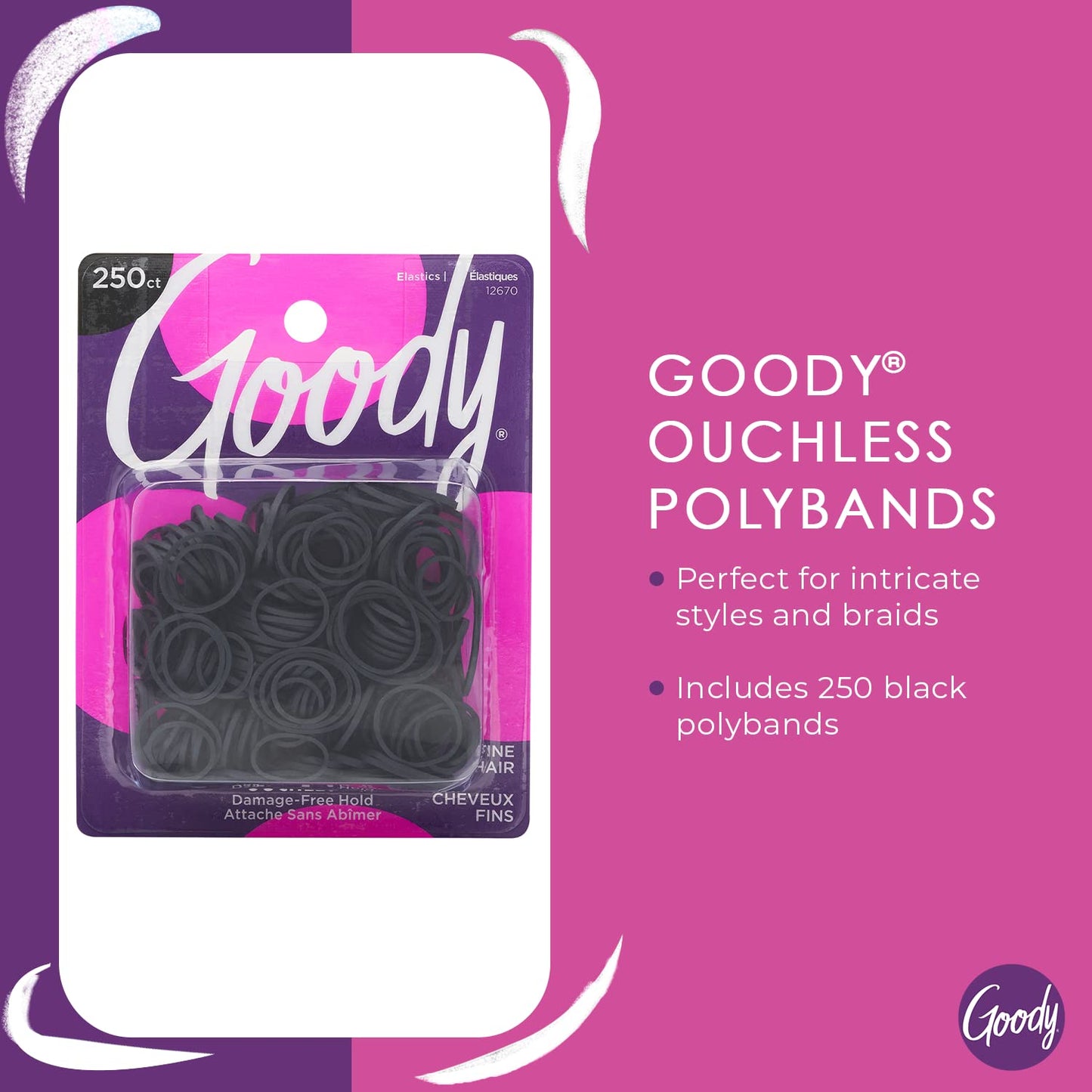 Goody Ouchless Womens Polyband Elastic Hair Tie - 250 Count, Black - Fine Hair - Hair Accessories to Style With Ease and Keep Your Hair Secured Beauty and Personal Care GOODY