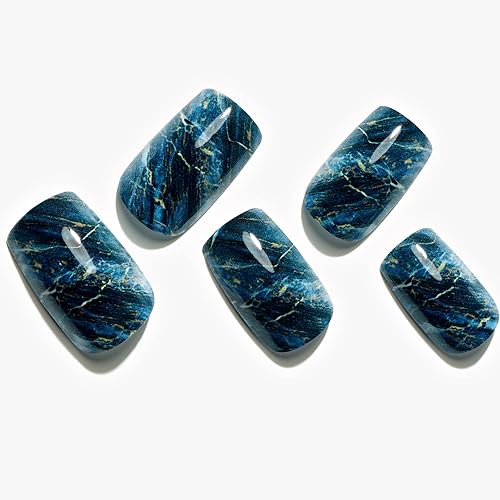 GLAMERMAID Ombre Press on Nails Medium Square, Fall Peacock Blue Marble Jelly Soft Gel Nails Square Fake Nail, Glossy Stick Glue 0n Nail Kit