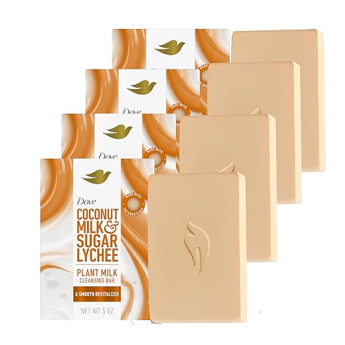 Dove Plant Milk Cleansing Bar Soap Coconut Milk & Sugar Lychee Smooth Revitalizer 4 Count for Moisturized Skin Gentle Cleanser, No Sulfate Cleansers