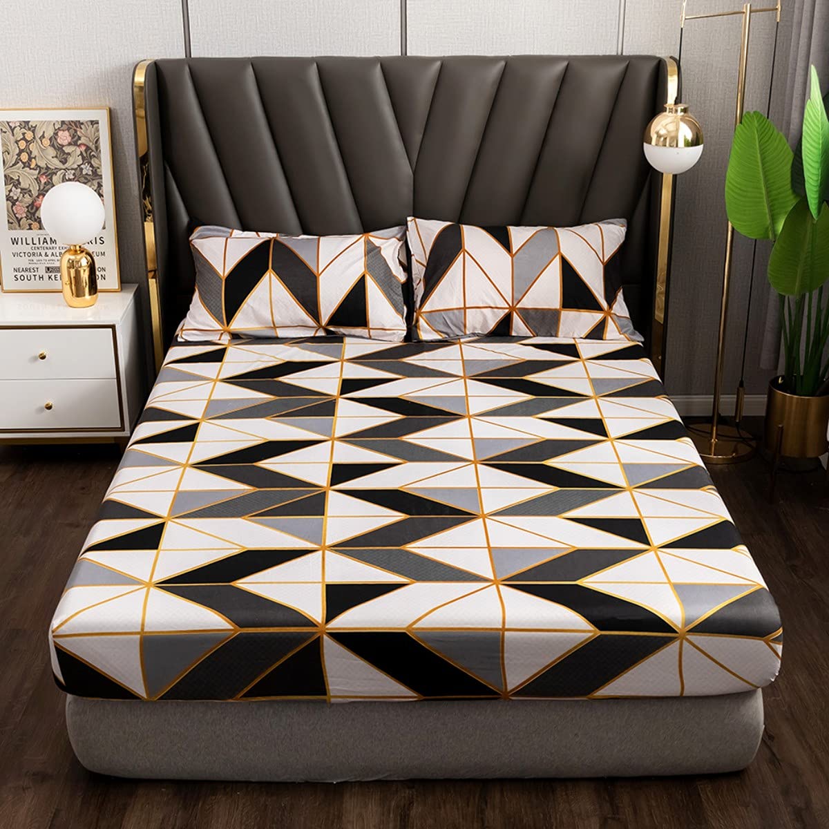 jejeloiu Geometric Plaid Bed Sheet Set Queen Size Black White Grey Gold Abstract Fitted Sheet Triangle Diamond Pattern Bedding Includes 1 Flat Sheet &
