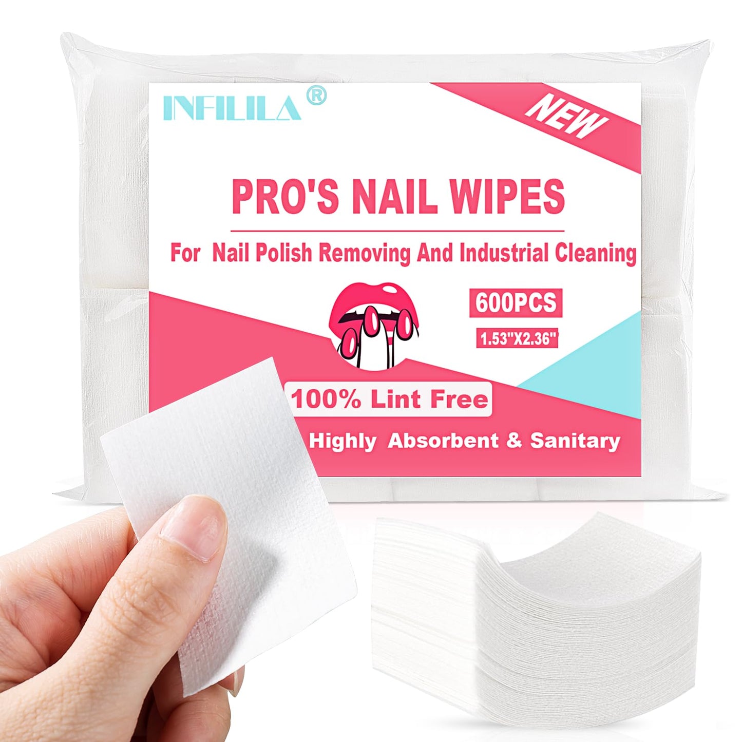 NXJ INFILILA Lint Free Nail Wipes, 600CS Natural Wood Pulp Nail Prep Wipes, Absorbent Acetone Nail Polish Remover Lash Extensions Glue Nail Cleaning