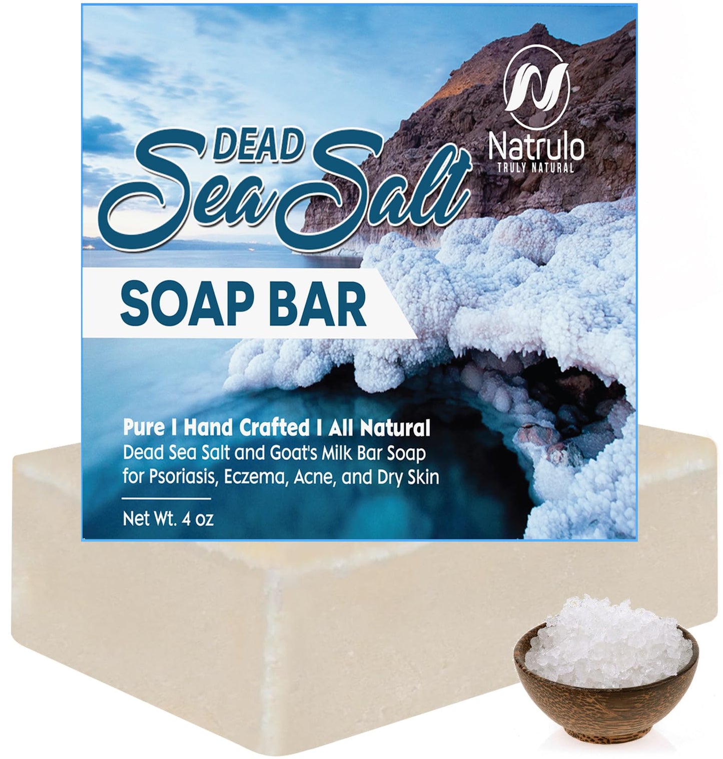 Natrulo Dead Sea Salt Soap Bar for Face & Body, 4oz - Pure Organic All Natural Goat's Milk Bar Soap for Psoriasis, Eczema, Acne, Dry Skin - Cleansing Beauty & Personal Care Natrulo