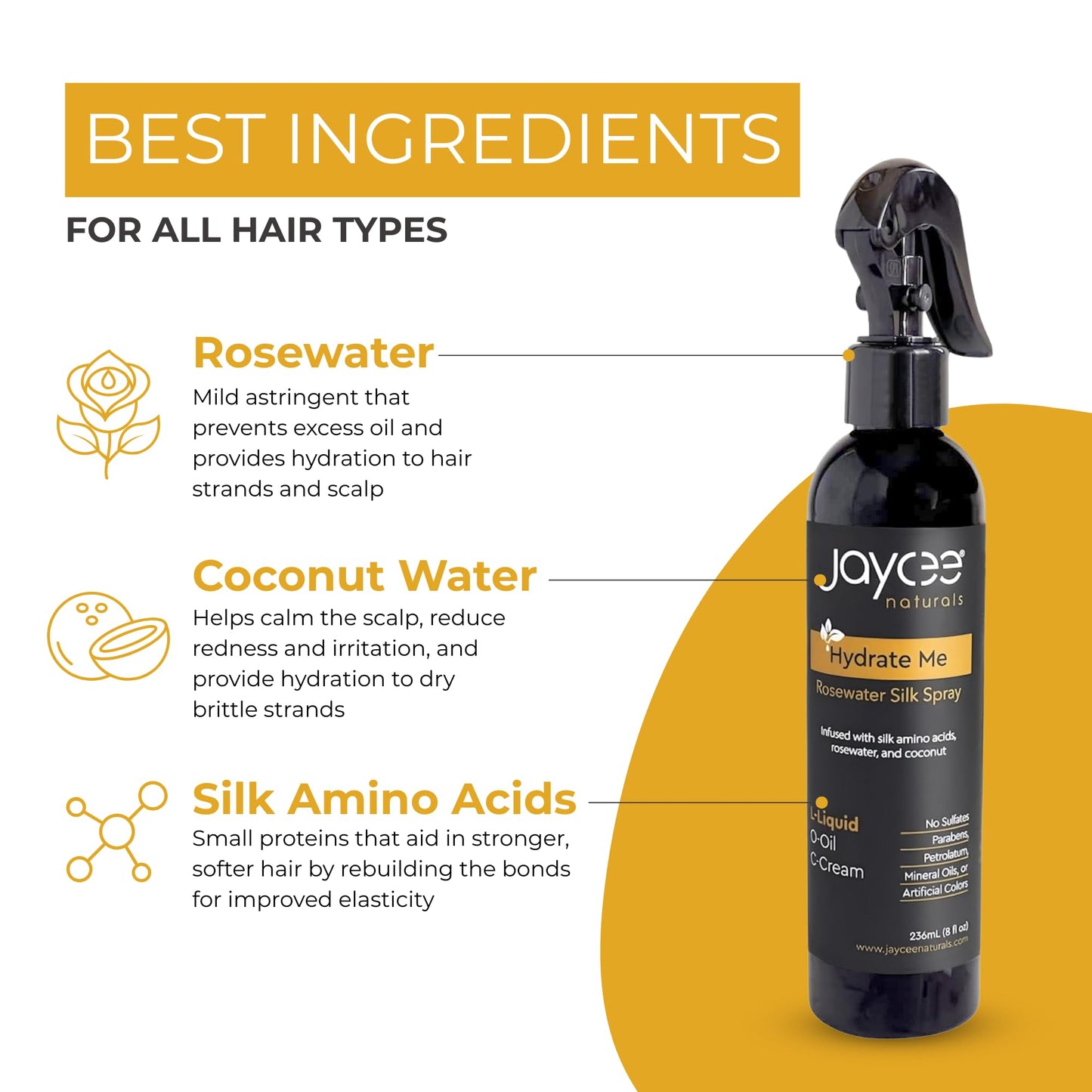 Jaycee Naturals Hydrate Me Rosewater Silk Spray with Silk Amino Acids and Coconut Water To Refresh and Revive All Hair Textures and Styles, Light